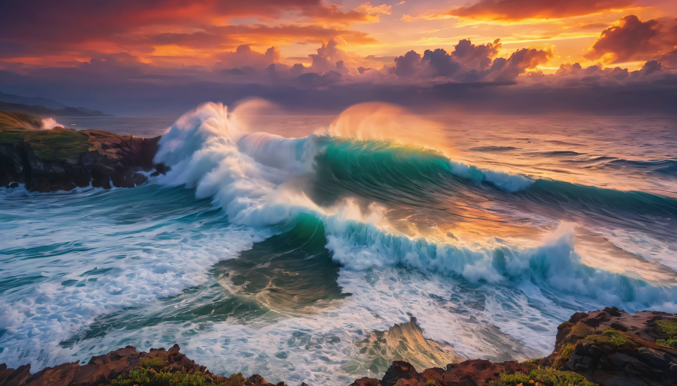 arafed view of a sunset over the ocean with waves crashing, chaotic sea setting, vibrant sunrise, breathtaking colors, breathtaking look, vibrant sunset, breathtaking composition, beautiful sea landscapes, stunning sunset, magnificent background, sunset glow, beautiful background, beautiful dreamy breathtaking, marc adamus, warm beautiful scene, epic sunset, beautiful sunset, beautiful sunset glow, beautiful ocean