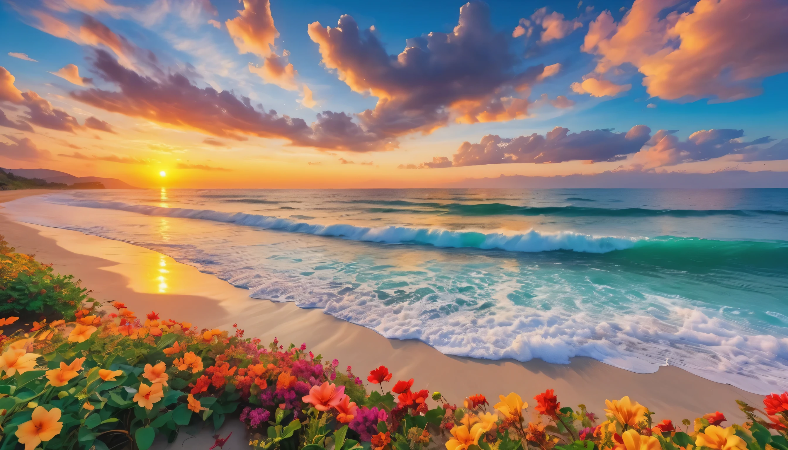 The background of the picture is peaceful by the sunset sea, and the sunset brightly, The waves crash against the beach, colorfyl Flowers bloom on the beach, Melodious sound, Strange clouds stand out, first-person view, panorama, UHD,(Best Quality),(Masterpiece Photos), (Details:1.4),(8k Highly Detailed)(Best Quality),(Best Shading)