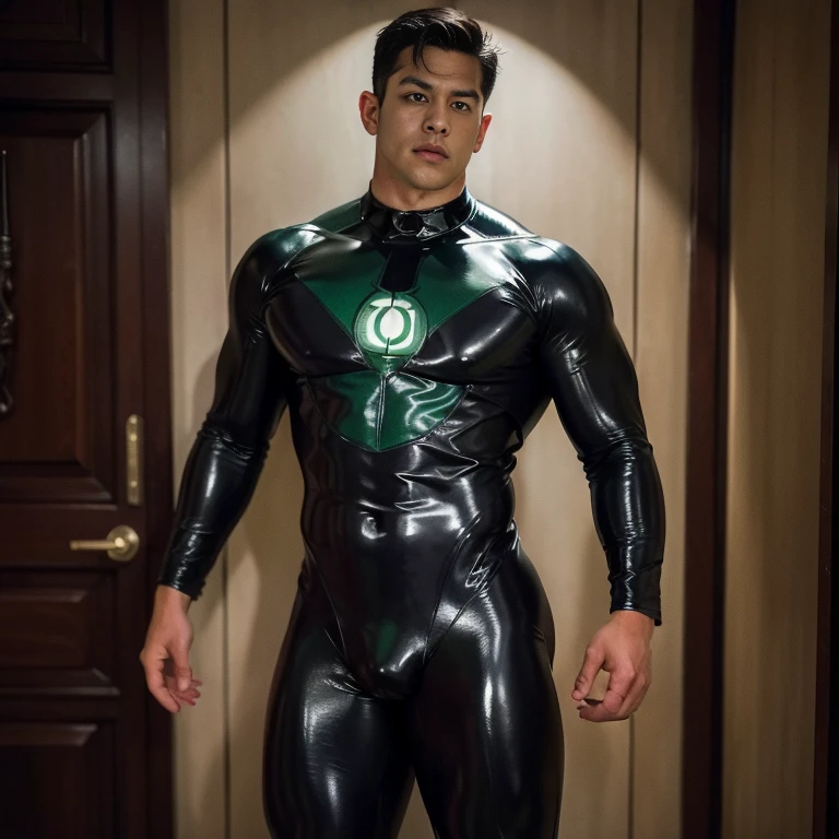 Green Lantern by DC Comics, In the fortress of solitude, Parece legal, (ultra realisticlustration), (high resolution), (8k), (Very detailed), (best illustration), (best quality), (ultra detalhado), (master part), solo, (dinamismo), Dark Studio, traje azul com bandeira do brasil , latex , full length shot , huge bulge , angle from bottom, nsfw ,   sexy , eroticism , super tight bodysuit  , ((bare thighs)) , high waisted bodysuit ,  ((bare buttocks)) , sexy , nsfw , eroticism, exposed 