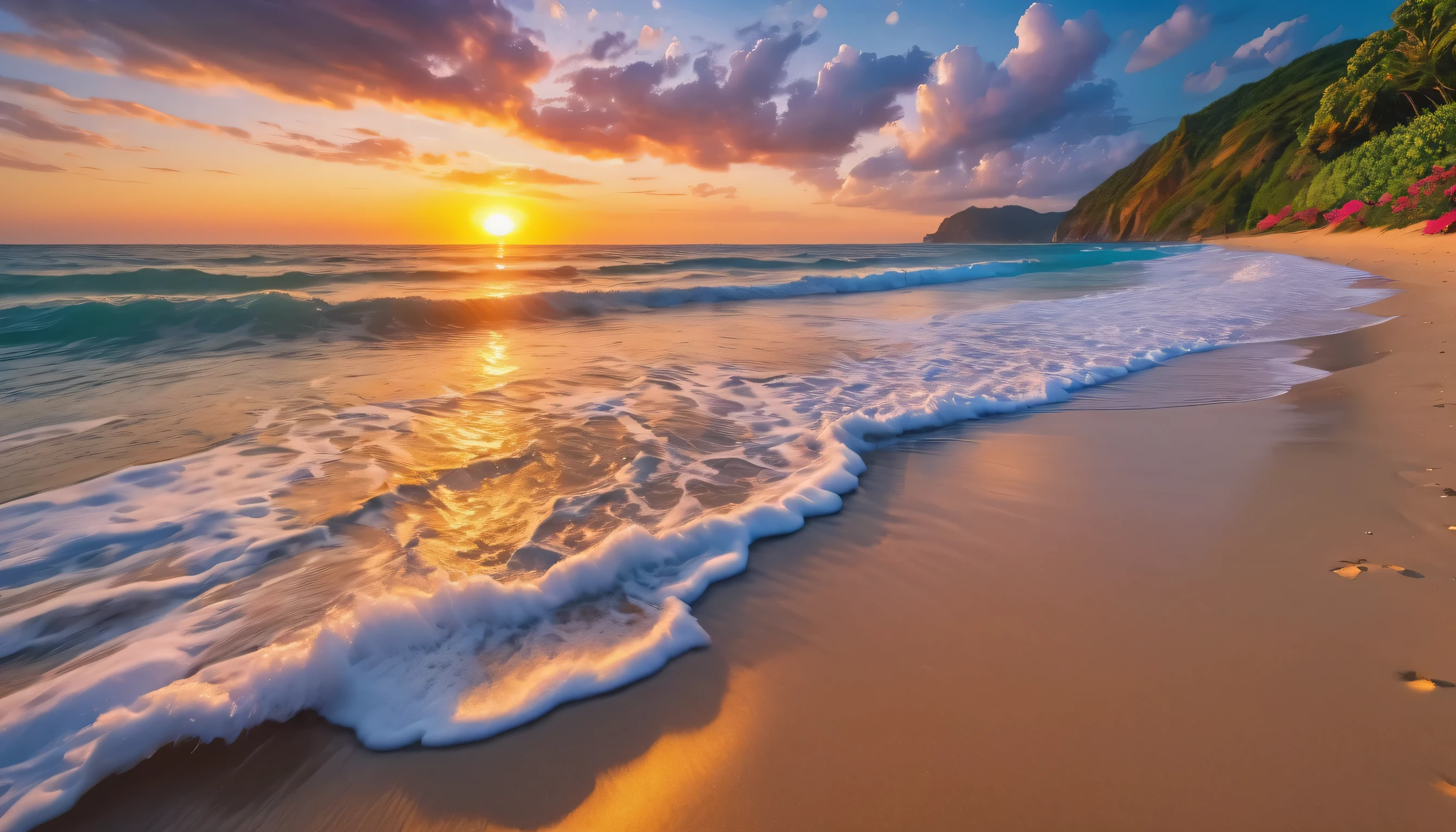 The background of the picture is peaceful by the sunset sea, and the sunset brightly, The waves crash against the beach, colorfyl Flowers bloom on the beach, Melodious sound, Strange clouds stand out, first-person view, panorama, UHD,(Best Quality),(Masterpiece Photos), (Details:1.4),(8k Highly Detailed)(Best Quality),(Best Shading)