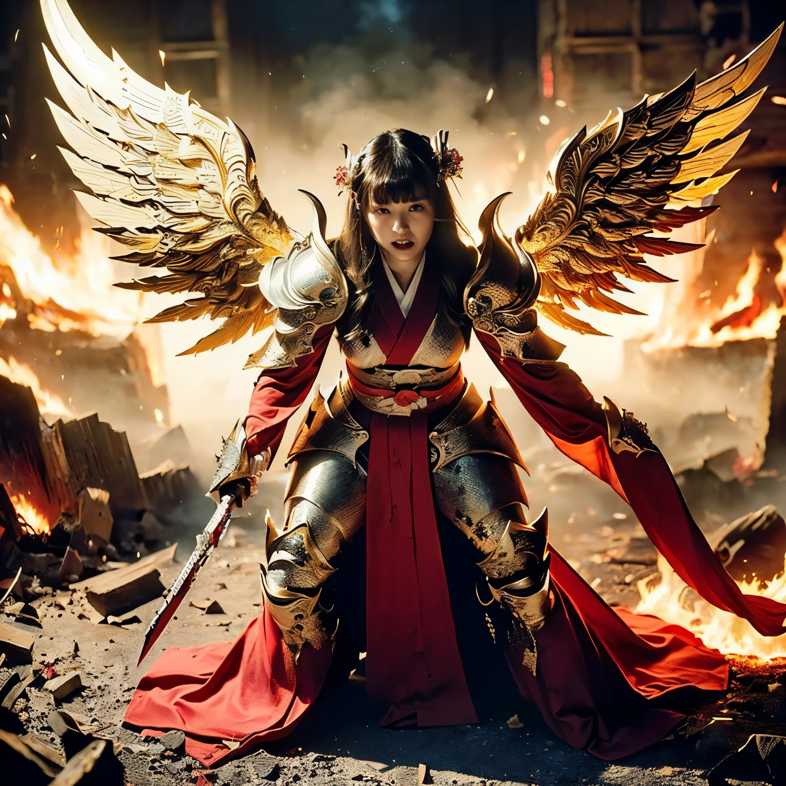 (((Realistic, masterpiece, best quality, crisp detail, high definition, high detail, very rich detail, sharp focus, sharp detail, colorful, perfect studio lightning))), ((20 years old, goddess of fire, kasumi arimura, flying, floating)),(((in the middle of war, epic war scene))), wearing (((beautiful decorated golden heavy armor, phoenix armor, decorated full body armor, fully armored beautiful kimono, wide golden wings))), (flying, floating, attack stance, holding fantasy weapon, blood scattered face, blood tears, blood bath, blood shed), (((fire everywhere, blood everywhere, death everywhere, japan bakumatsu period, dead bodies,carcass,burned japanese castle,hellish,chaos)) traditional village background)