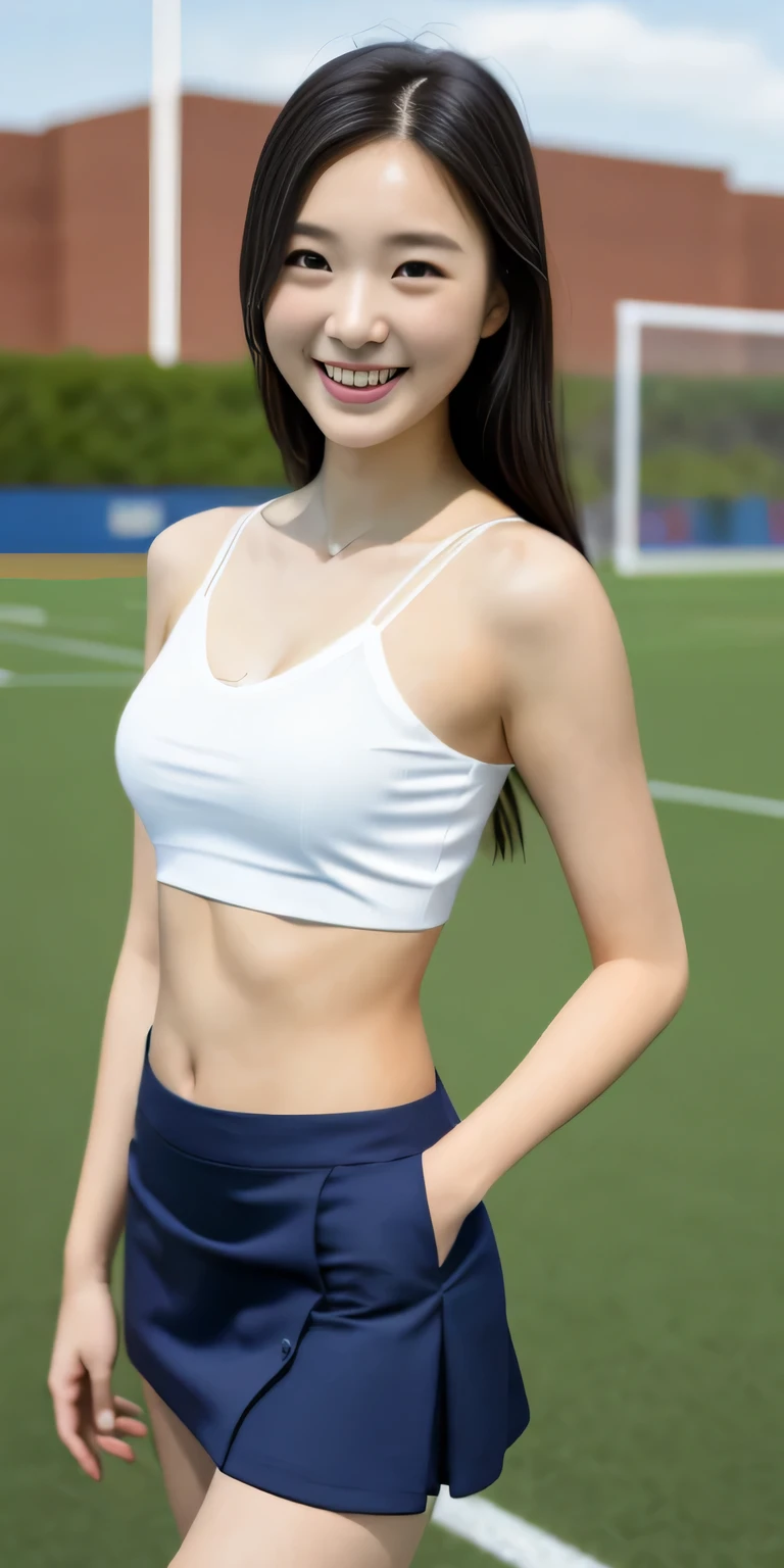 Neat female college student, people, (suit, dark blue skirt, White camisole), outside the athletic field, (Slim), lifelike, detail, Texture, ultra detail, Exquisite and sexy collarbone, Smile, super detailed face, detailed lips, detailed eyes, double eyelids, shrink, navel, small breasts, small breasts, small, small, flat chest