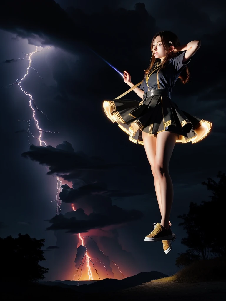 A woman in a short skirt jumps in the air, splashes of lightning behind her, railgun, japanese lightning goddess, goddess of lightning, she is attracting lightnings, Female protagonist 👀 :8, Anime lighting, with lightning, Epic light novel art cover, one point lightning, Female action anime girl, New Xiangcheng, the anime girl is running