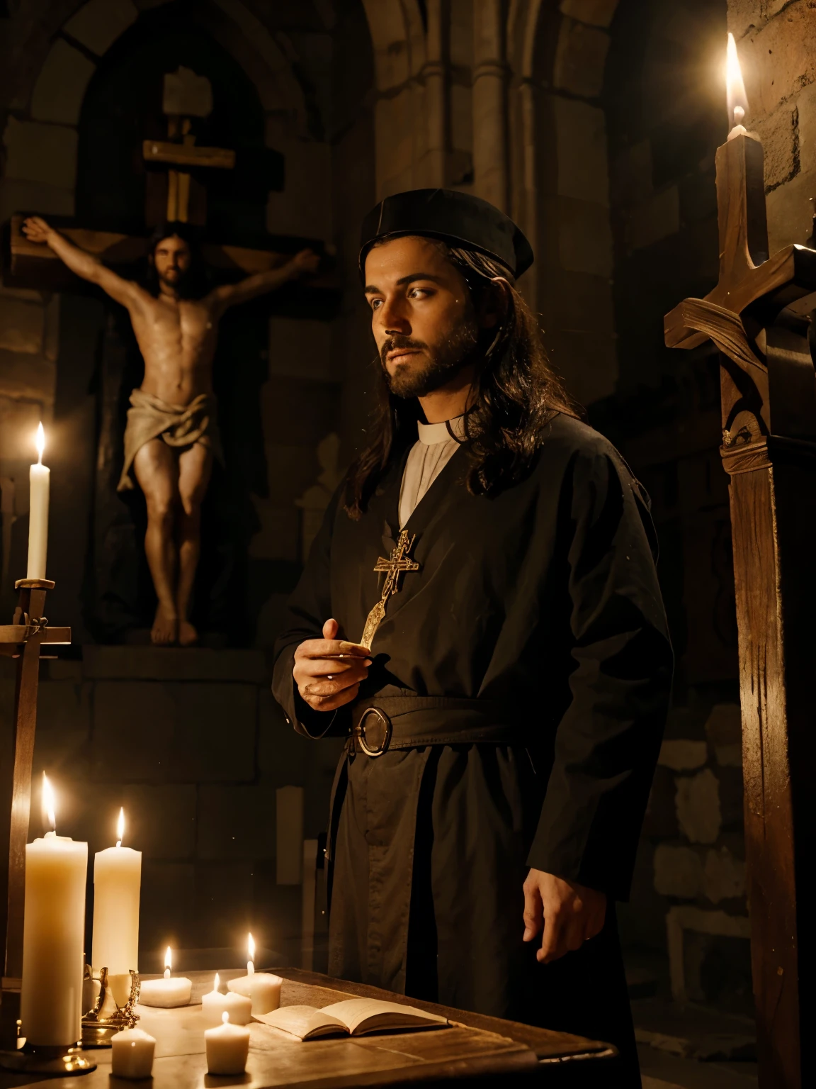 iglesia, culto, oscuridad, personas con velas al rededor de el anticristo crucificado, realidad, realismo 