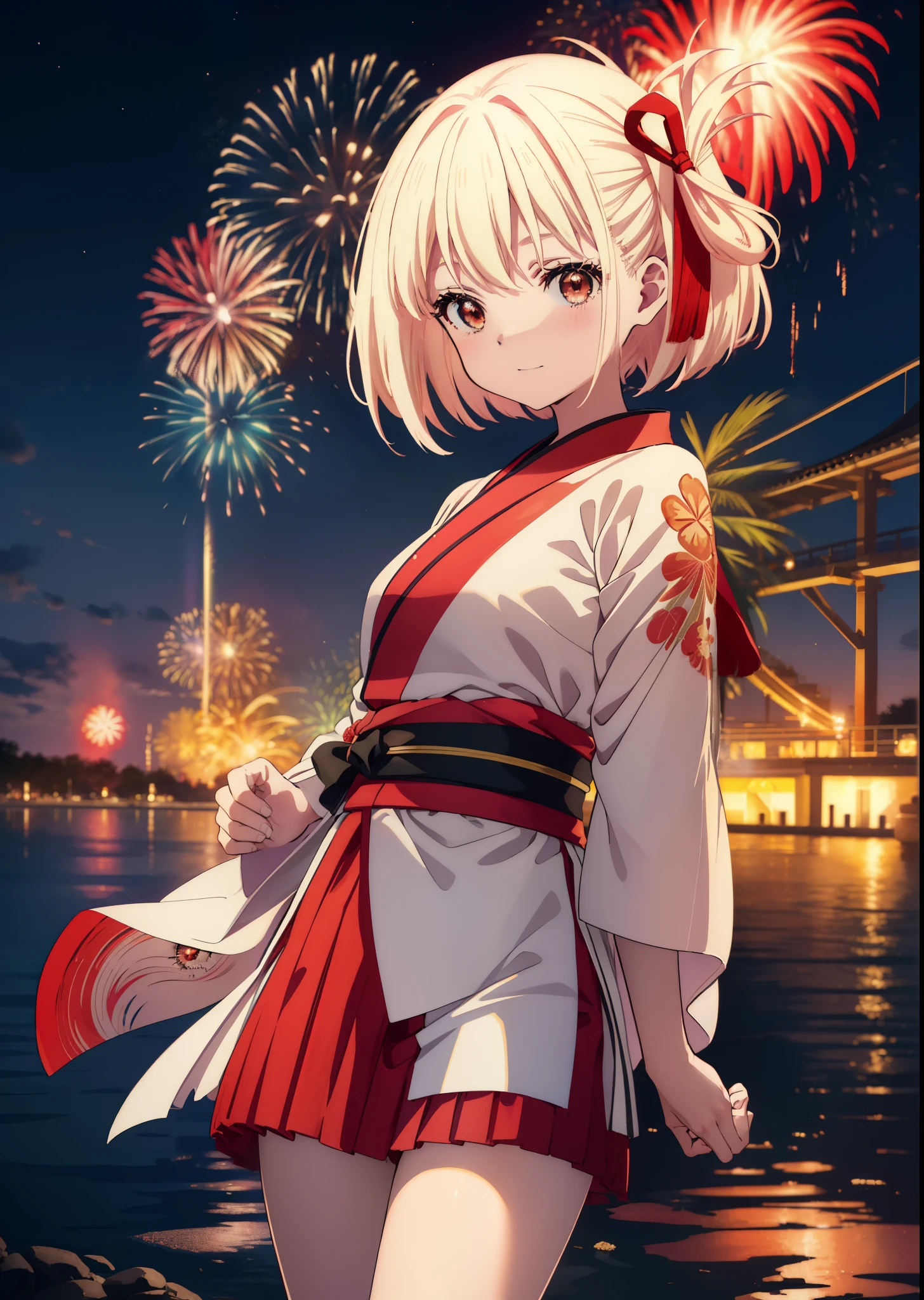 chisatonishikigi, Chisato Nishikigi, long hair, bangs, blonde hair, (red eyes:1.5), smile,blush,hair ribbon, hair tied back,light red yukata,mini skirt,Zori sandals,fireworks in the night sky,fireworks,The place is a fireworks display,Time is night、sunny day,turn around,So that the whole body goes into the illustration,
break outdoors, shrine,祭り
break looking at viewer, (cowboy shot:1.5),
break (masterpiece:1.2), highest quality, High resolution, unity 8k wallpaper, (figure:0.8), (detailed and beautiful eyes:1.6), highly detailed face, perfect lighting, Very detailed CG, (perfect hands, perfect anatomy),