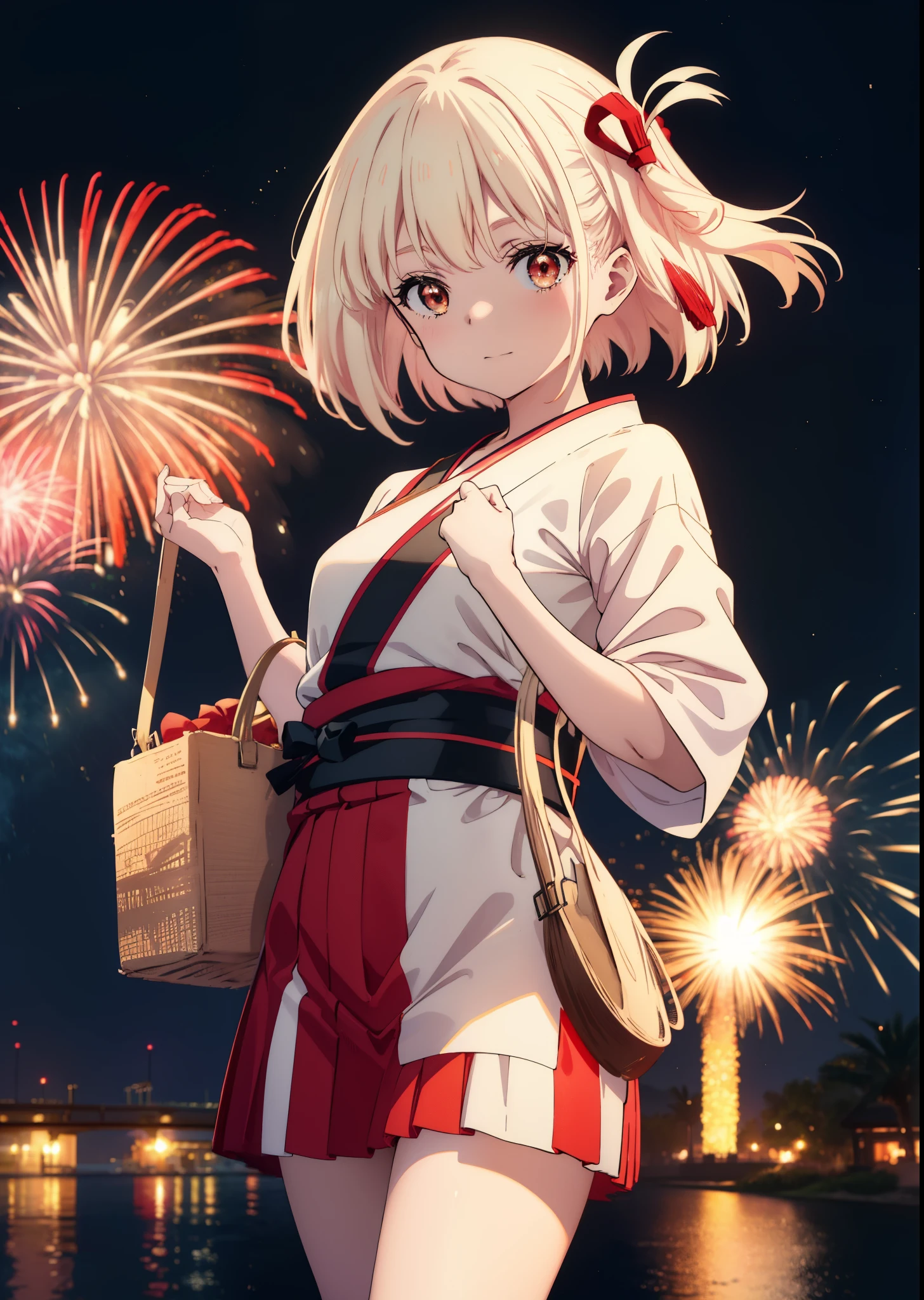 chisatonishikigi, Chisato Nishikigi, long hair bangs, blonde hair, (red eyes:1.5), happy smile, smile, open your mouth,light red yukata,mini skirt,Zori sandals,fireworks in the night sky,fireworks,The place is a fireworks display,Time is night、sunny day,turn around,So that the whole body goes into the illustration,
break outdoors, shrine,祭り
break looking at viewer, (cowboy shot:1.5),
break (masterpiece:1.2), highest quality, High resolution, unity 8k wallpaper, (figure:0.8), (detailed and beautiful eyes:1.6), highly detailed face, perfect lighting, Very detailed CG, (perfect hands, perfect anatomy),