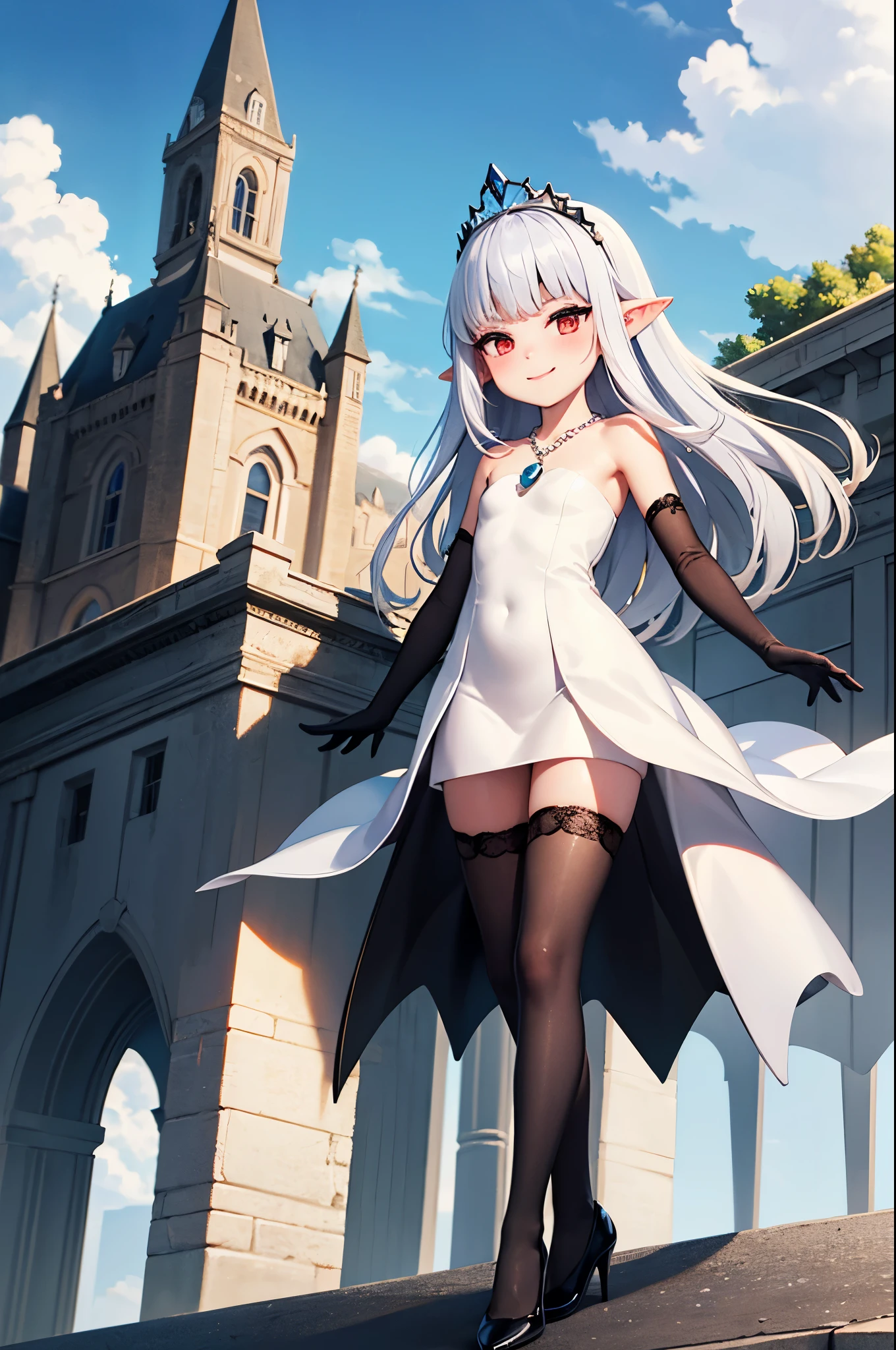 landscape, small castles, small mountains, small trees, small buildings, ocean, towering 1girl, (giant evil princess:1), villain, strolling on top of a gigantic kingdom made of miniature buildings, full body, energy drain, white hair, gradient hair, pointy ears, pendant, strapless dress, white dress, fairy wings, arm wrap, black gloves, leg wrap, black footwear, flat chest, mean smug smile, very thin, skinny legs, confident, arrogant, sexy stockings, tiara, glowing red eyes, makeup, blush, eye shadow, rings, pearls, necklaces, flawless shiny silver hair, black heels, (love spell:1), flying hearts, looking at viewer, from below, solo,