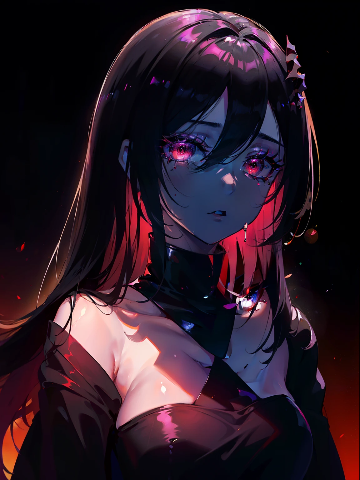 (Obra maestra, La mejor calidad, ultrahigh resolution), 1girl, black t-shirt, black hair, pale skin, black crown, red eyes, sexy_eyes, neon eyes, ultra detailed eyes, beautiful and detailed face, detailed eyes, (centered, torso), (tears), (wide shot:0.9), facing viewer, eye level, neon gradient background