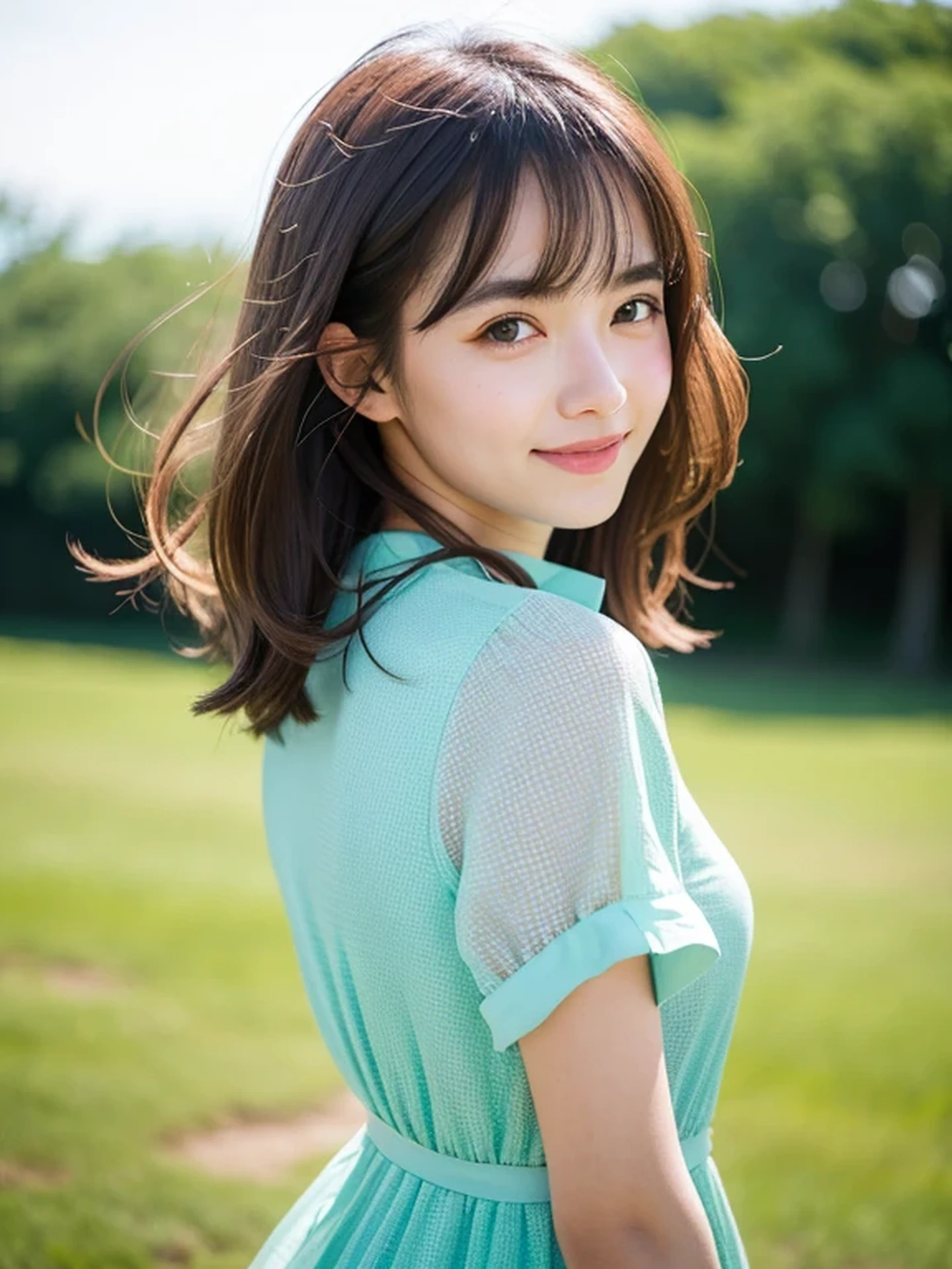 masterpiece, Best Quality, Raw photo, 8K, ultra-detailed face, 1girl, Beautiful detailed skin, backlight, soft light, bashful, (shoot from front:1.2), smile, Luminescent, Anatomically correct, Medium hair swaying in the wind, bangs, Eyes and faces with detailed, Textured skin, Professional Photography, Bokeh, Portrait, Professional Lighting, Solo, Cute, Girly, Film grain, silk dress shirt, Summer Green Hills,