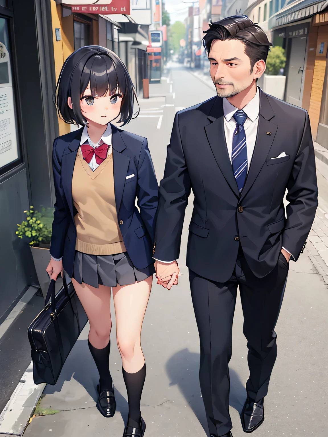 (masterpiece、highest quality、High resolution、realistic pictures、real looking skin:1.1)、
(A woman and a man are walking hand in hand:1.5)、
(The woman is an 18-year-old high school girl.:1.5)、
(The woman is wearing a uniform blazer, a uniform miniskirt, navy blue knee-high socks, and black loafers.:1.8)、
(The man is a working adult in his 40s.:1.8)、
(the man is wearing a gray suit:1.5)、
(Women have short black hair:1.5)、
(women have small faces:1.5)、
(The location is Ekimae Street:1.5)、
1 Japanese girl、full body esbian、beautiful eyes、shining eyes、Shining thighs、NSFW