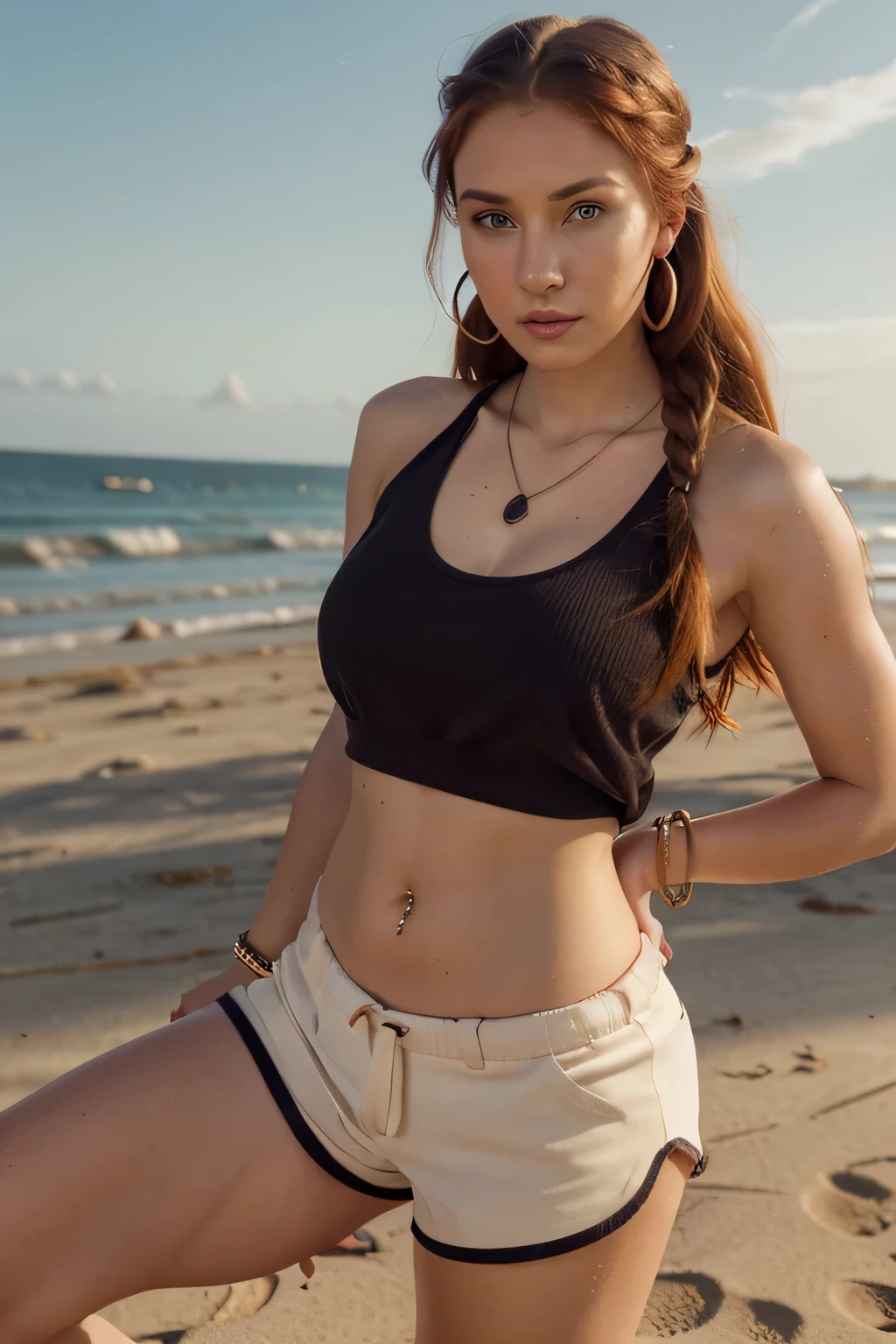 Young woman, 20 years old, with beautiful hazel eyes, long red hair, hazelnut nose, elegant face, big stone belly piercing, mini shorts, sexy half tank top, sneakers, hoop earrings, stylish necklace, elegant bracelet, hair braided, pose on the beach, dark tone make-up.