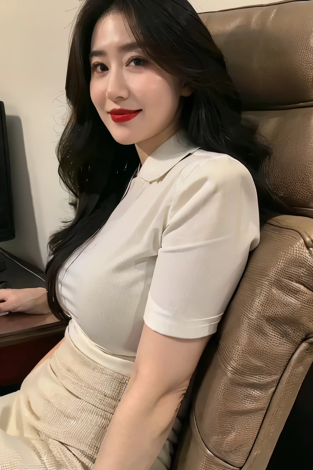 ((top quality、8k、masterpiece:1.3))、sharp focus, High level of image quality, high resolution,shirt,business attire,37-year-old woman with long wavy hair,Mature,charming smile,Draw lips correctly, red lipstick,stand,Chubby body,Big breasts,office interior background,full-body shot