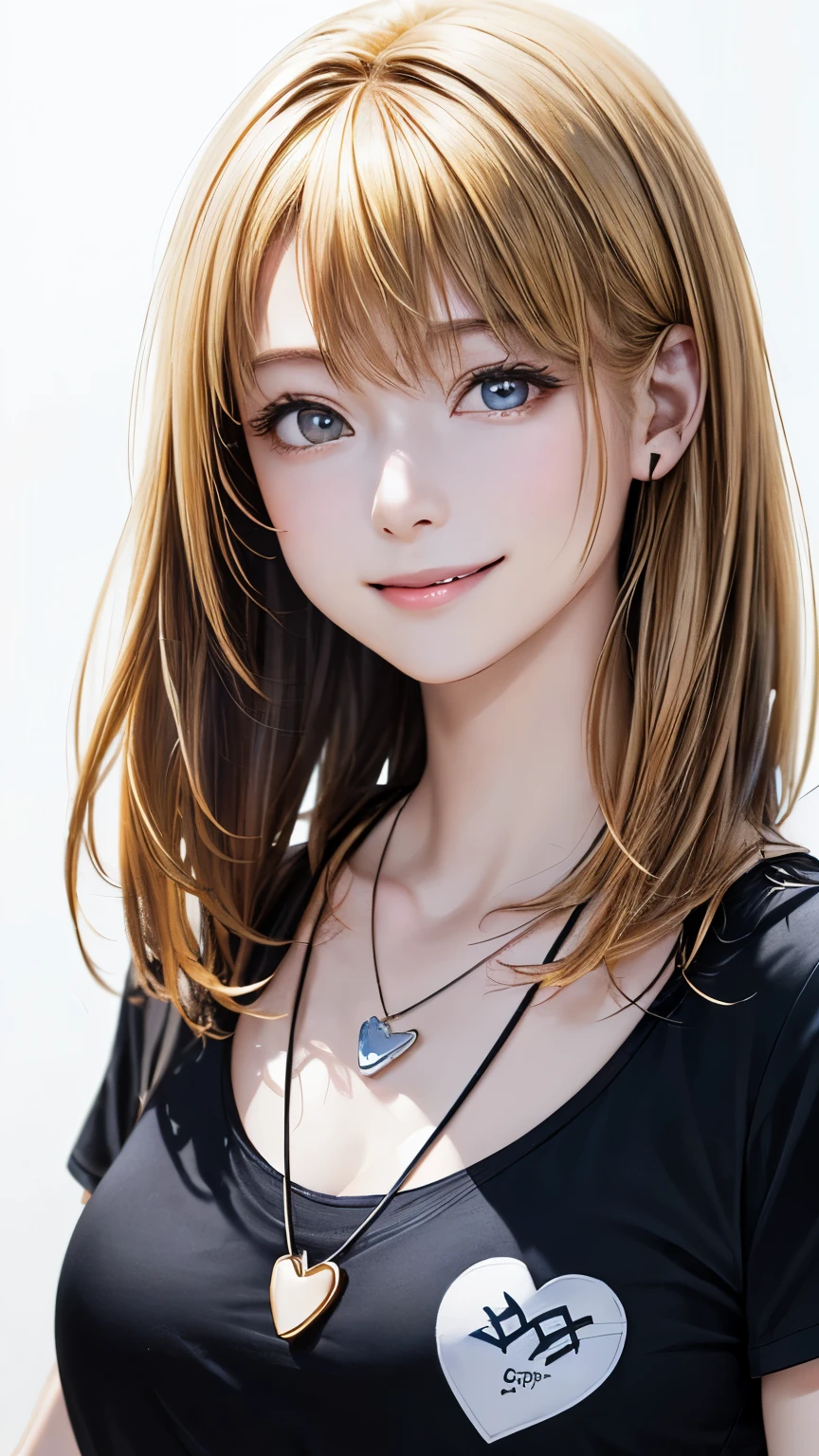 (highest quality、8K、32k、masterpiece)、(realistic)、(Photoreal:1.2)、(High resolution)、Super detailed、very beautiful face and eyes、1 girl、round and small face、thin waist、delicate body、(highest quality、high detail、Rich skin details)、(realistic、realistic:1.37)、bright colors、(((blonde)))、(((full body shot)))、(((medium hair)))、(((This is a stylish hairstyle)))、(((pure white wall background)))、(((pure white wall background)))、(((I'm smiling)))、(((wearing a black T-shirt)))、(((English characters are written on the front of the T-shirt)))、(((touching my head with my right hand)))、(((is biting)))、(((She is wearing a stylish heart-shaped necklace.)))