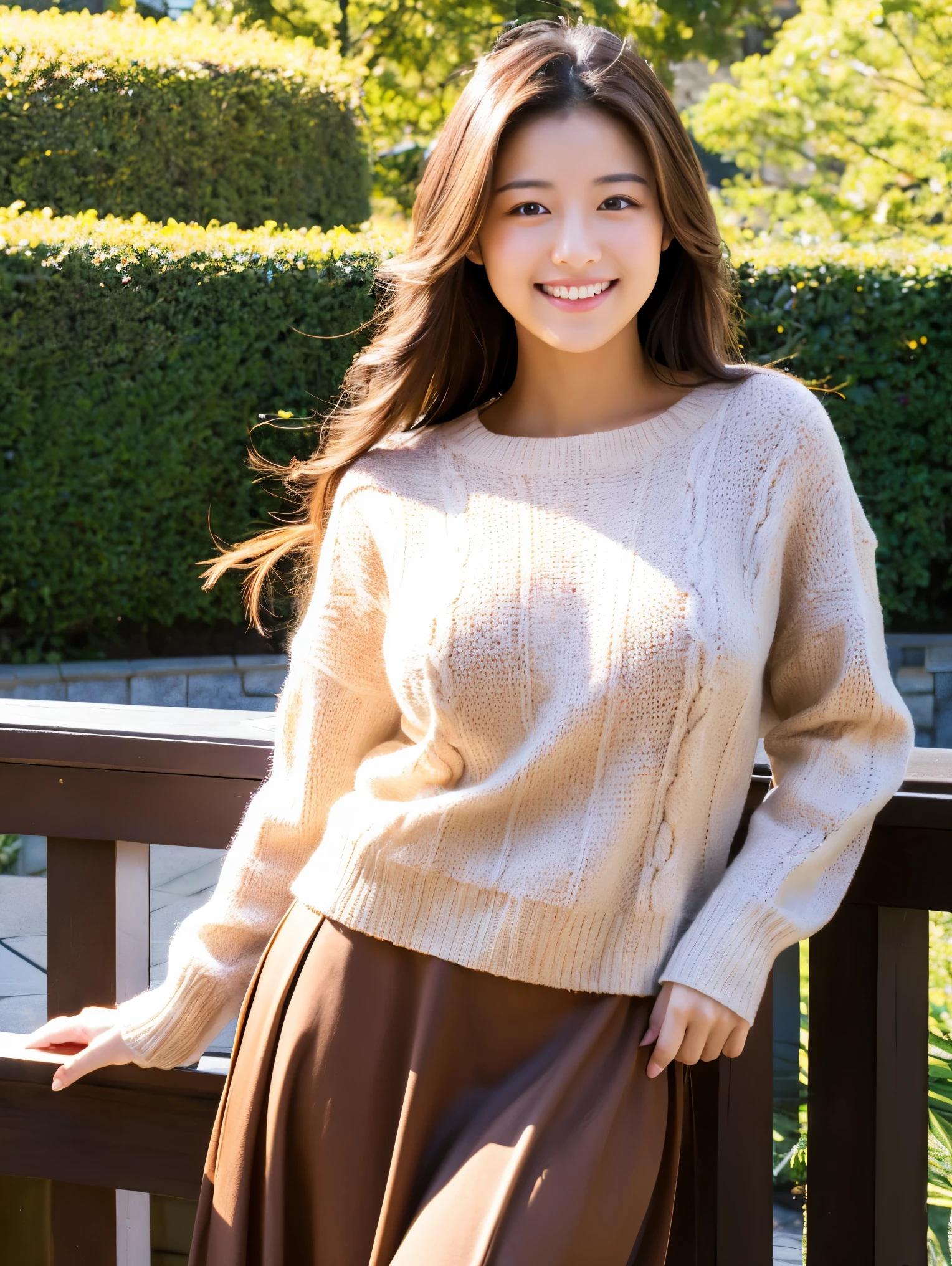 highest quality,best image,Japanese,big breasts,long brown hair,beautiful girl,smile,sweater,long skirt