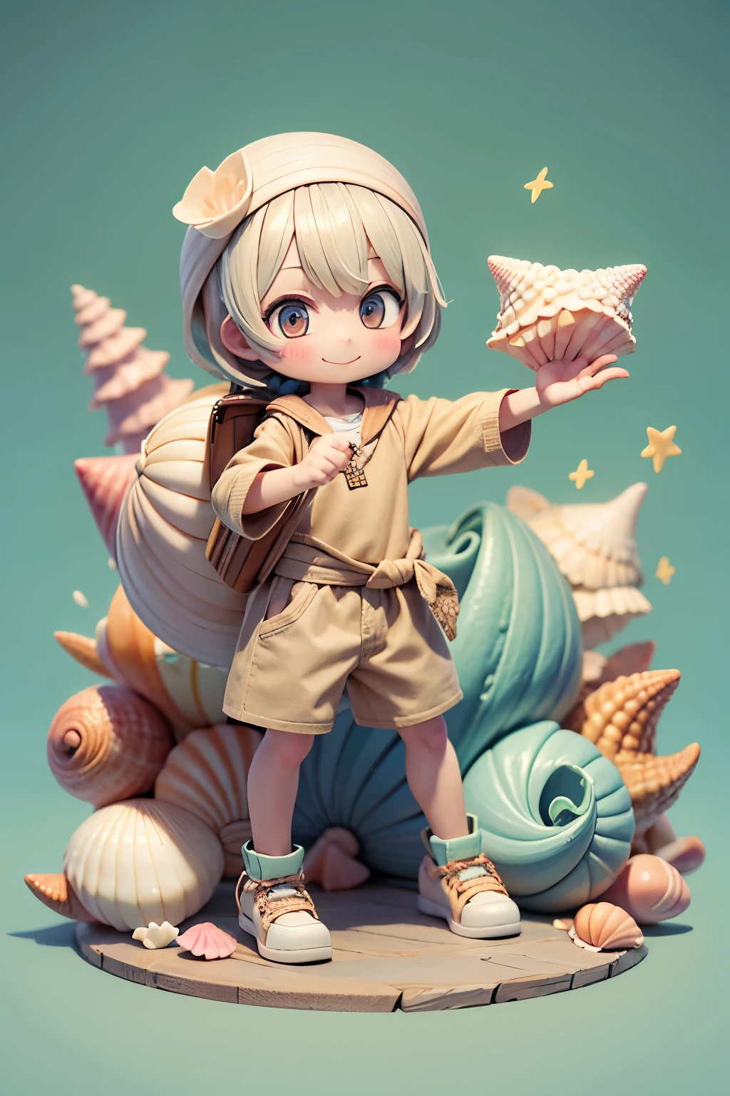 Photoreal、whole body、Chibi Musume、Seashell Accessories、smile、cute shoes、collecting seashells、He is holding up a shell he picked up and showing it to us.
