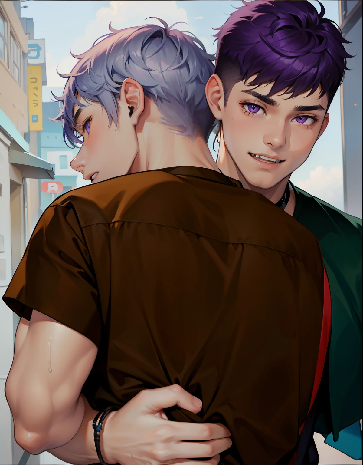There are two cute 16 year old boys with big violet eyes with affection