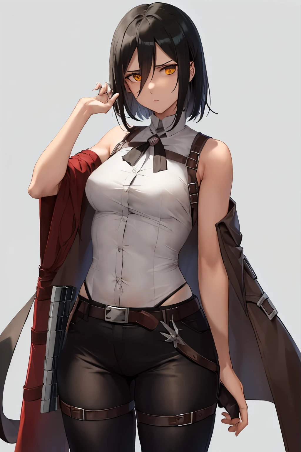 estilo aot, Shingeki no Kyojin,

Mikasa Ackerman,

1 garota, arm strap, franja, cabelo preto, black pants, seios , tiro de vaqueiro, brasas, olhos verdes, fundo cinza, cabelo entre os olhos, aproveitar, mangas compridas, olhando para o espectador, grandes seios, pants, red tissue, tissue, camisa, cabelo curto, Smoke, Sozinho, thigh strap,  jaqueta marrom, white camisa, corpo de pesquisa se masturbando \(emblem\)

, ((obra de arte)), Melhor qualidade
, 