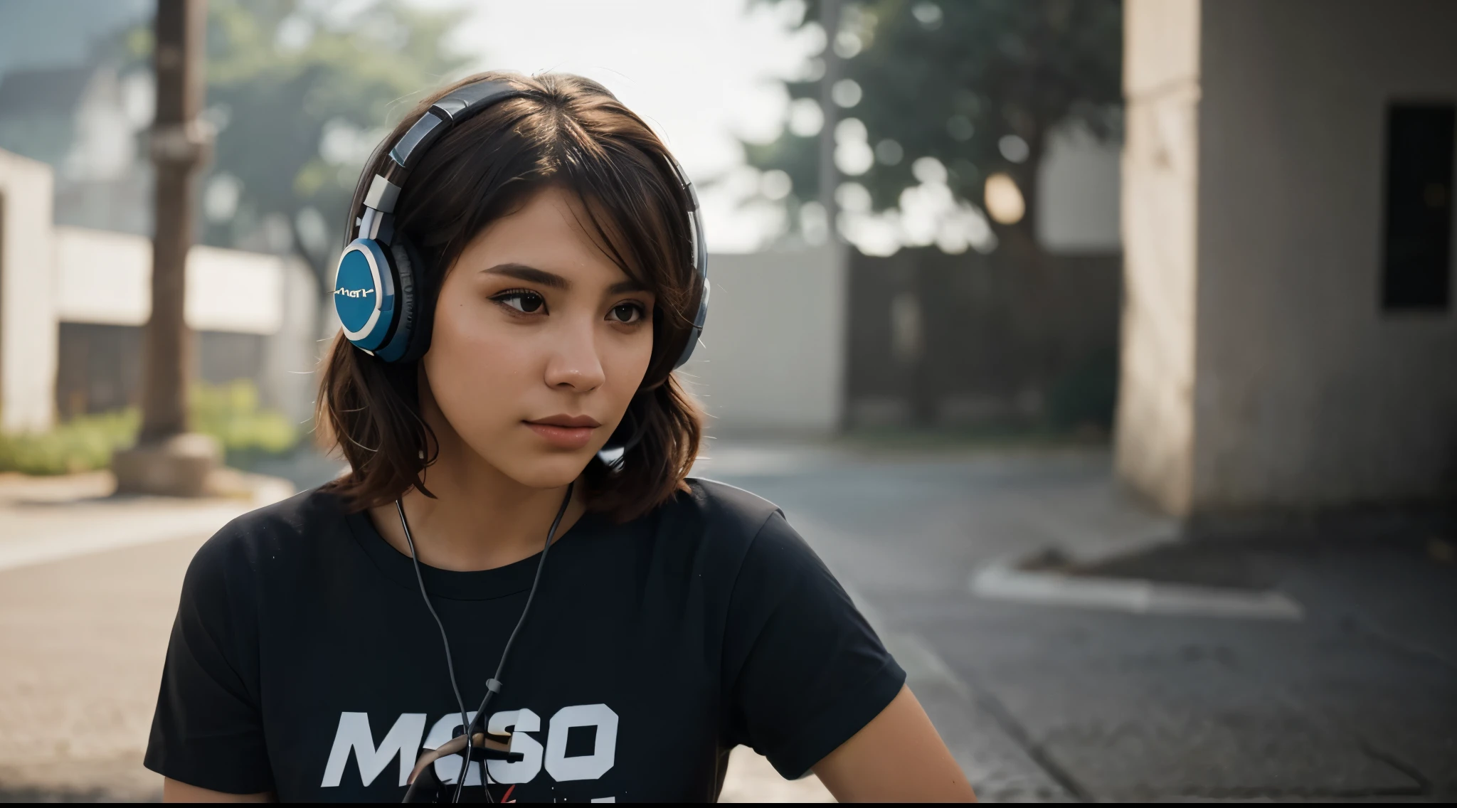 um contato visual de uma morena com cabelo em coque e tema escuro, Listen to music with headphones, vestindo camiseta, realistic lighting, luz no rosto, Ray tracing,