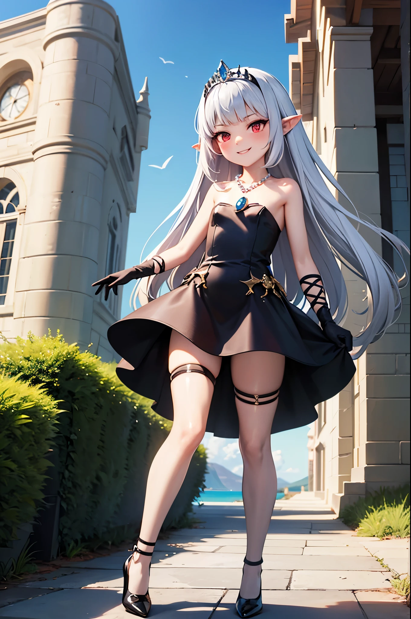 landscape, (miniature castles that have been shrunken:1), small mountains, small trees, small buildings, ocean, towering 1girl, (giant evil princess:1), villain, strolling on top of a gigantic kingdom made of miniature buildings, full body, energy drain, white hair, gradient hair, pointy ears, pendant, strapless dress, white dress, fairy wings, arm wrap, black gloves, leg wrap, black footwear, flat chest, mean smug smile, very thin, skinny legs, confident, arrogant, sexy stockings, tiara, glowing red eyes, makeup, blush, eye shadow, rings, pearls, necklaces, flawless shiny silver hair, black heels, (love spell:1), flying hearts, looking at viewer, from below, solo,