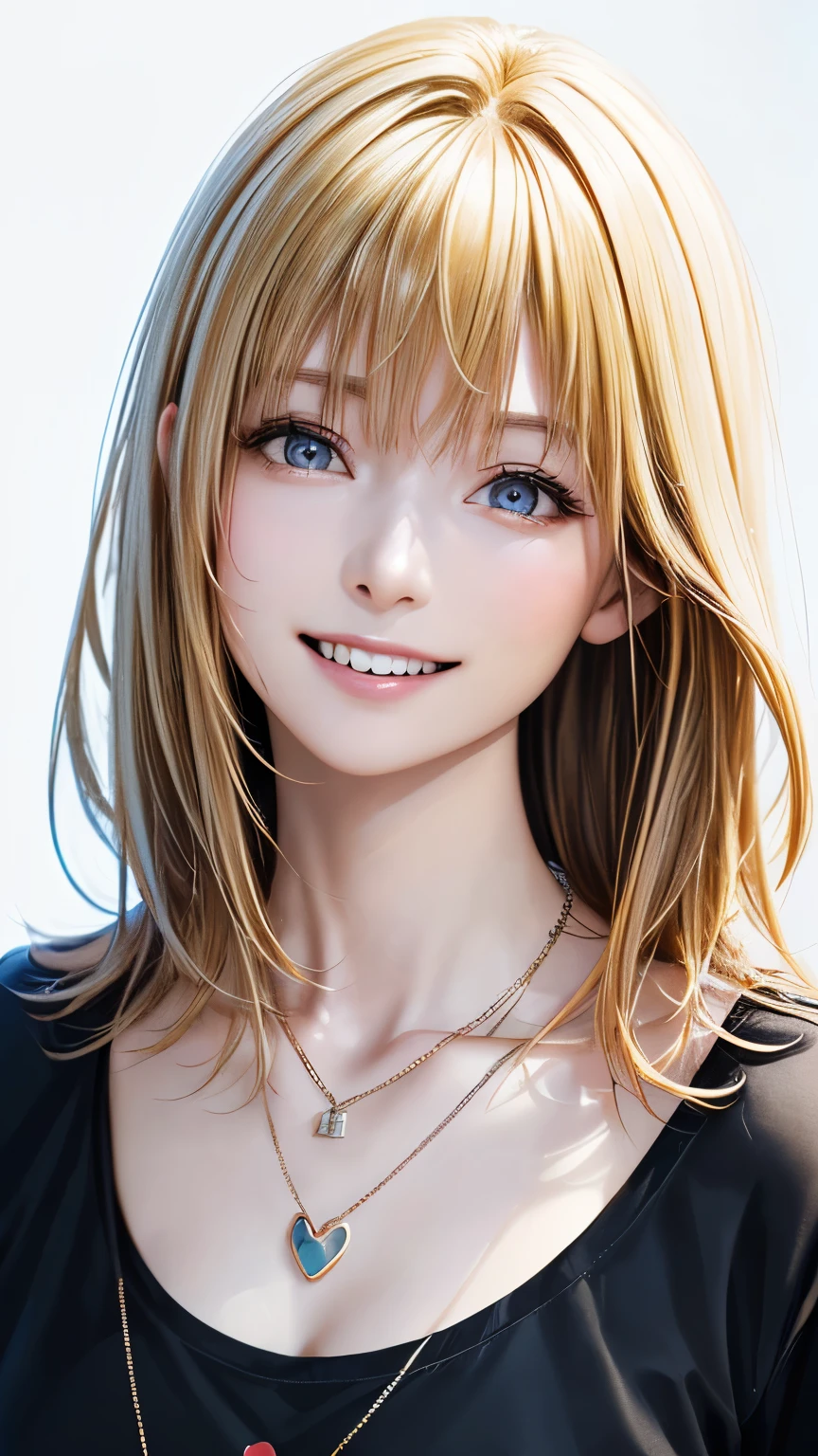 (highest quality、8K、32k、masterpiece)、(realistic)、(Photoreal:1.2)、(High resolution)、Super detailed、very beautiful face and eyes、1 girl、round and small face、thin waist、delicate body、(highest quality、high detail、Rich skin details)、(realistic、realistic:1.37)、bright colors、(((blonde)))、(((full body shot)))、(((medium hair)))、(((This is a stylish hairstyle)))、(((pure white wall background)))、(((pure white wall background)))、(((I&#39;m smiling)))、(((wearing a black T-shirt)))、(((English characters are written on the front of the T-shirt)))、(((touching my head with my right hand)))、(((is biting)))、(((She is wearing a stylish heart-shaped necklace.)))