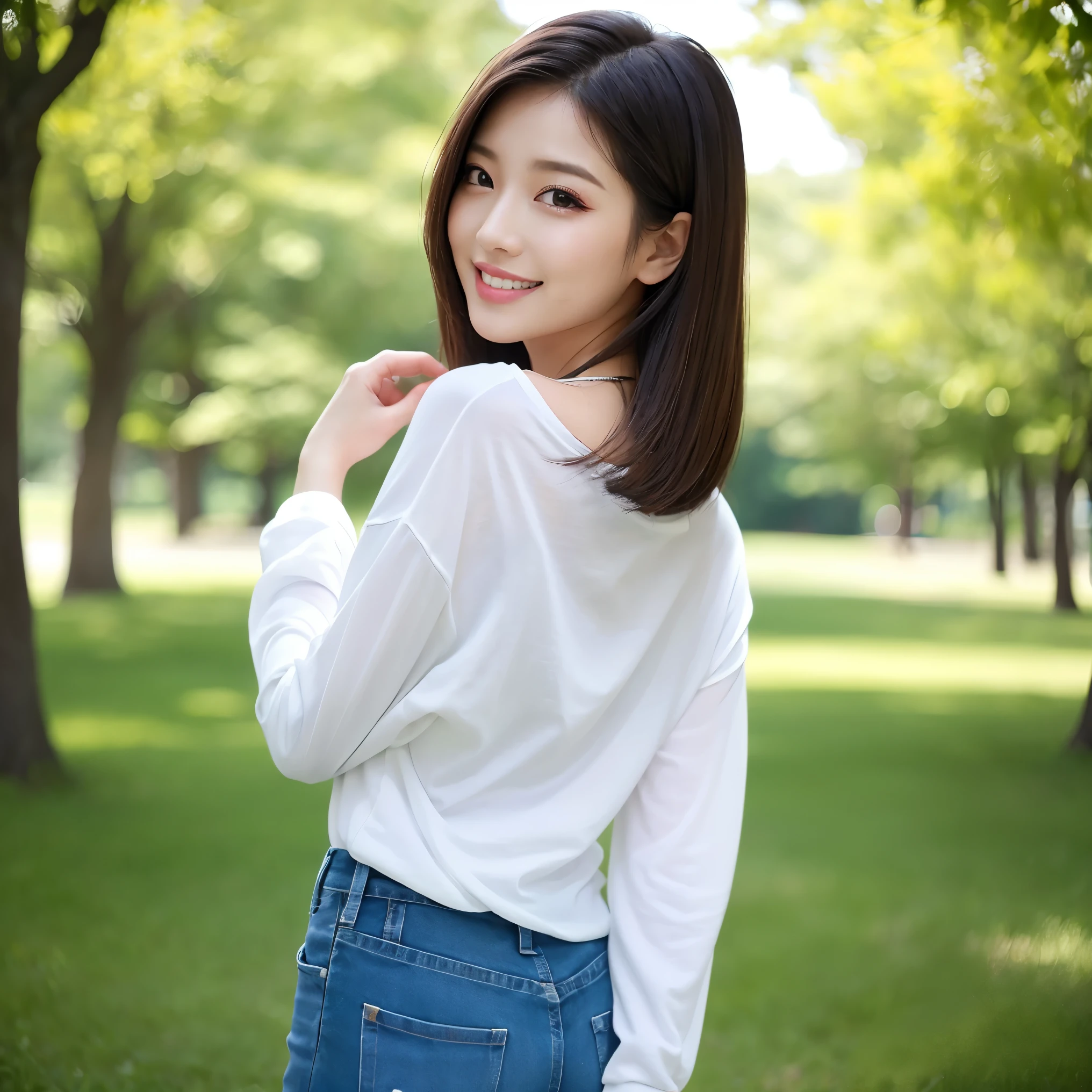 (highest quality、masterpiece、8K、best image quality、hyper realism、Award-winning work)、1 female、(solo:1.1)、(Simple thin tight long sleeve T-shirt:1.1)、(Tight long sleeve t-shirt with perfect fit:1.1)、(very short ripped distressed shorts:1.1)、(Beautiful park background with strong blur:1.1)、The most natural and perfect beauty park、A perfectly maintained normal park、(standing elegantly:1.2)、(full body photo:1.2)、emphasize body line、(slender beautiful legs:1.2)、slender body、(your back is turned to me:1.2)、(pointing your butt at me:1.1)、(Looking back at me:1.1)、beautiful nape、accurate anatomy、perfect makeup、long eyelashes、glossy lips、Ultra high definition glossy skin、(Ultra-high definition bright and beautiful skin:1.1)、超高精細のglossy lips、Super high definition beautiful teeth