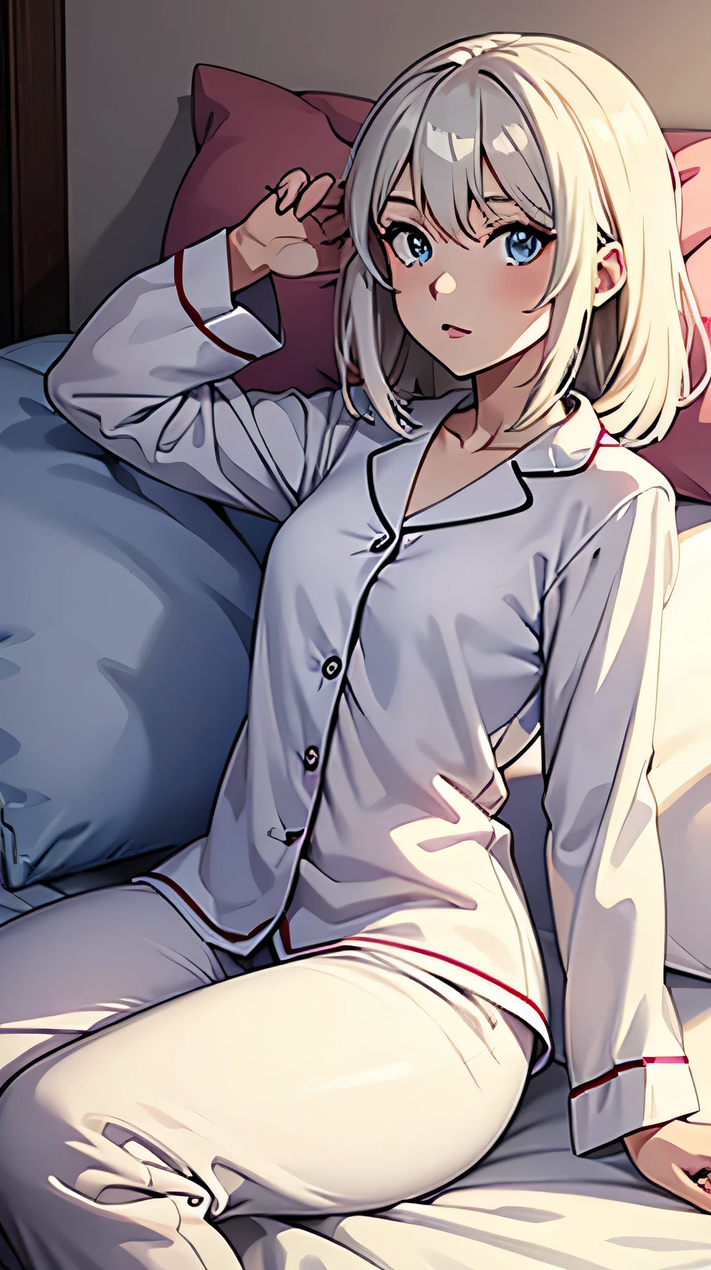 One anime girl , white, , hair , in sexy pyjamas on bed , pillow