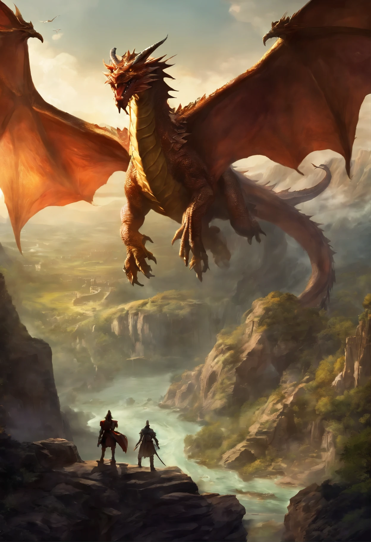 (create an epic image of the popular game Dungeons and Dragons:1.5), (flying dragon facing warrior in an epic battle, cliffs:1.6), fire, masterpiece, hyper detailed, mystical, magical, at night, long shot, cinematographic lighting, ultra image quality, HD, 32k
