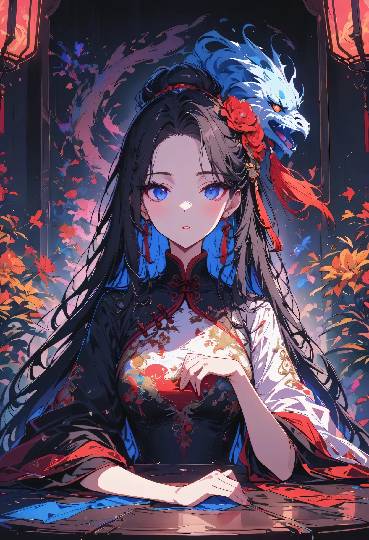 Chinese Gothpunk、Daughter of the Chinese emperor、Overwhelming intimidation、exuding majesty、Put your hands out of your sleeves、(Black comic style)、(linear art_Japanese cartoons)、(Solid color high contrast)、(put it on the table,best quality)、8K、flat color:1.2, In a luxurious palace,wearing heavy clothes、extra long hair、Peking Opera makeup、gorgeous costumes、exquisite embroidery_Dragon and phoenix embroidery:1.2、beautiful hands,