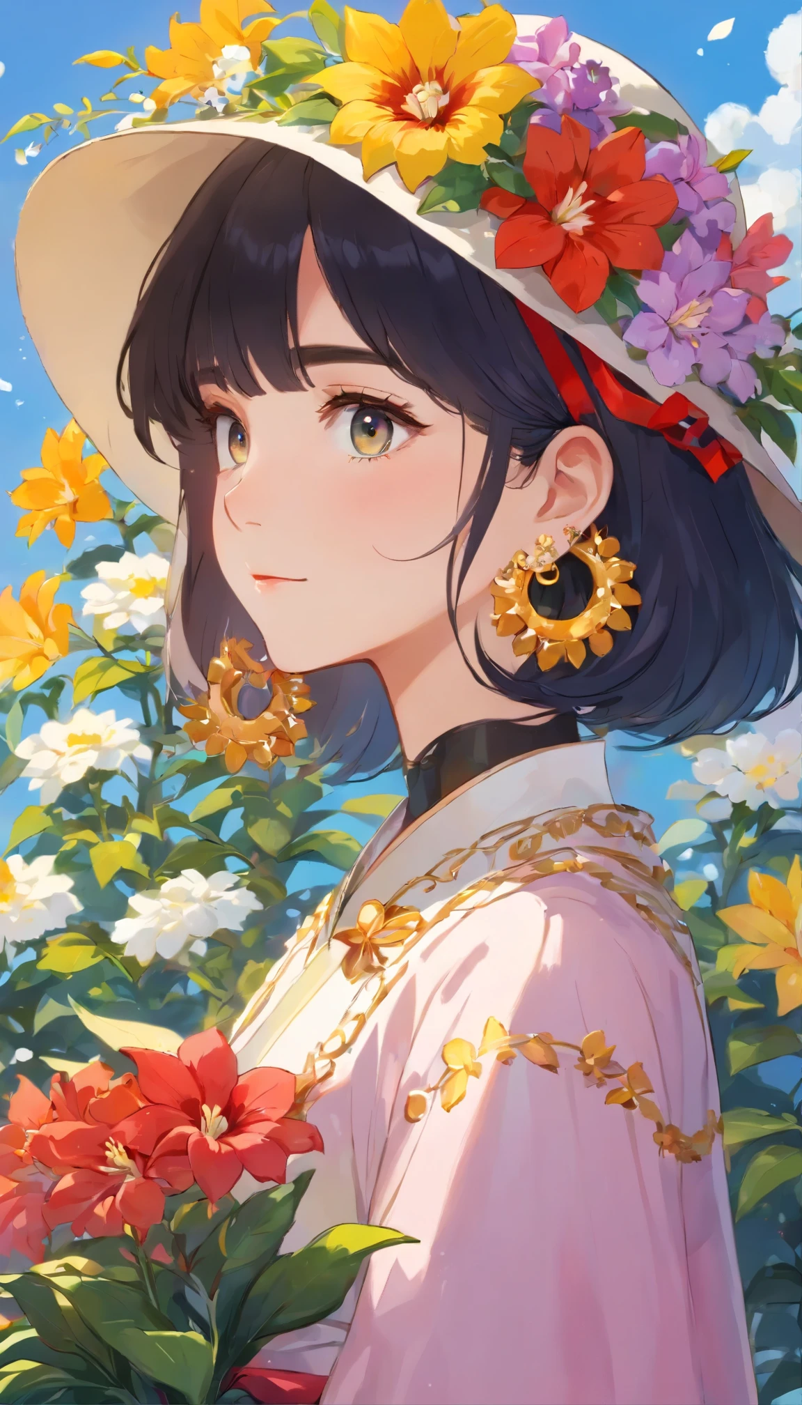a noble girl，(short black hair)，Perfect profile，Seven lengths photo，Head down and meditate，thoughtfully，many colorful flowers，((depth of field))，(Telephoto)，artist_name,bee,black_hair,blue_flower,bouquet,branch,camellia,daisy,earrings,field,floral_background,flower,flower_earrings,flower_field,flower_pot,flower_wreath,hair_flower,hat_flower,head_wreath,hibiscus,
Perfect profile，artist_name，blue_flower,bouquet,branch,camellia,daisy,earrings,field,floral_background,flower,flower_earrings,flower_field,flower_pot,flower_wreath,hibiscus,holding,holding_bouquet,holding_flower,hydrangea,jewelry,leaf,lily_(flower),lily_of_the_valley,,orange_flower,petals,pink_flower,purple_flower,red_flower,red_ribbon,solo,spider_lily,stud_earrings,sunflower,tulip,upper_body,vase,white_flower,white_rose,yellow_flower,yellow_rose，high details, high quality, super detail, UHD, masterpiece, ccurate, best quality, 16k