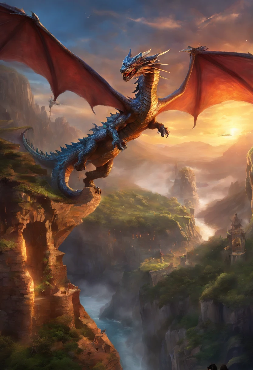 (create an epic image of the popular Dungeons and Dragons game: 1.5), (flying dragon facing the camera, facing 1 warrior, epic battle, hyper detailed cliffs and ultra image resolution: 1.6), fire, masterpiece, hyper detailed, mystical, magical, at night, long shot, cinematic lighting, ultra image quality, HD, 32k