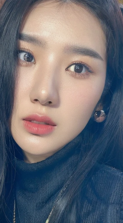 there is a woman with long black hair and a black turtle neck sweater, sangsoo jeong, heonhwa choe, lee ji-eun, lee ji - eun, jaeyeon nam, headshot profile picture, park ji-min, close up face, gongbi, kwak ji young, hwang se - on, jimin\'s plump lips