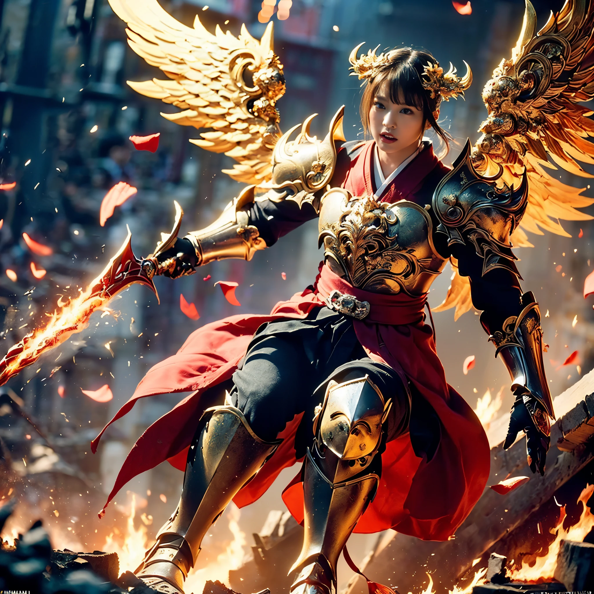 (((Realistic, masterpiece, best quality, crisp detail, high definition, high detail, very rich detail, sharp focus, sharp detail, colorful, rich color, perfect studio lightning))), ((20 years old, goddess of fire, kasumi arimura, flying, floating)),(((in the middle of war, epic war scene))), wearing (((beautiful decorated golden heavy armor, phoenix armor, decorated full body armor, fully armored beautiful kimono, wide golden wings))), (flying, floating, attack stance, holding fantasy weapon, blood scattered face, blood tears, blood bath, blood shed), (((fire everywhere, blood everywhere, death everywhere, japan bakumatsu period, dead bodies,carcass,burned japanese castle,hellish,chaos)) traditional village background)