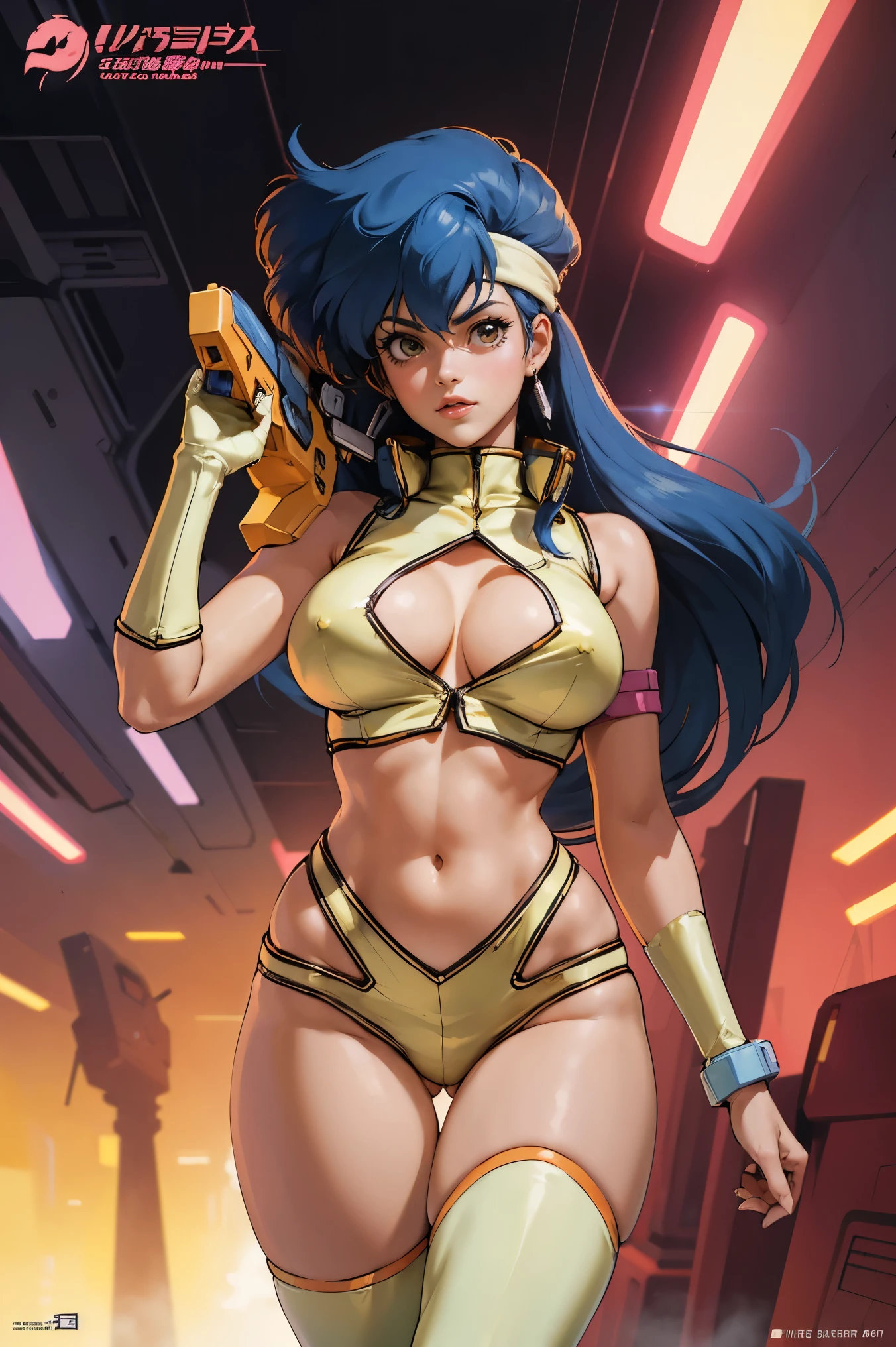 Yuri from The Dirty Pair, , wearing a tight outfit, skimpy, medium breast, (long hair), dark blue hair, beauty, cyberpunk city background, holding retro space-gun, cleavage, slim waist, slim thighs, thigh gap, (light yellow uniform), show belly