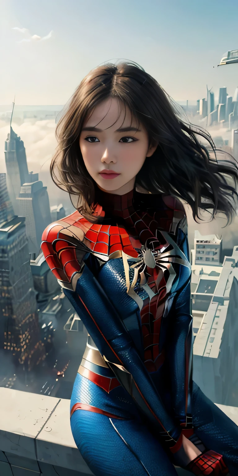 (1 girl:1.3), alone, (((Very detailed face)))), ((very detailed eyes and face)))), Beautiful eyes in every detail, body parts__, official art, Integrated 8K wallpaper, Super detailed, beautiful and beautiful, beautiful, masterpiece, 最high quality, original, masterpiece, super detailed photos, 最high quality, ultra high resolution, realistic realism, sunlight, full body portrait, amazing beauty, dynamic pose, delicate face, lively eyes, (from the front), she's wearing a spiderman suit, red and black color scheme, Spider, Highly detailed city roof background, rooftop, overlook the city, detailed face, Detailed complex and busy background, Messy, nice, milky, highly detailed skin, realistic skin details, visible pores, clear focus, volumetric fog, 8k uh, Digital single-lens reflex camera, high quality, film grain, Fair skin, photorealism, lomography, Futuristic dystopian megalopolis, translucent
