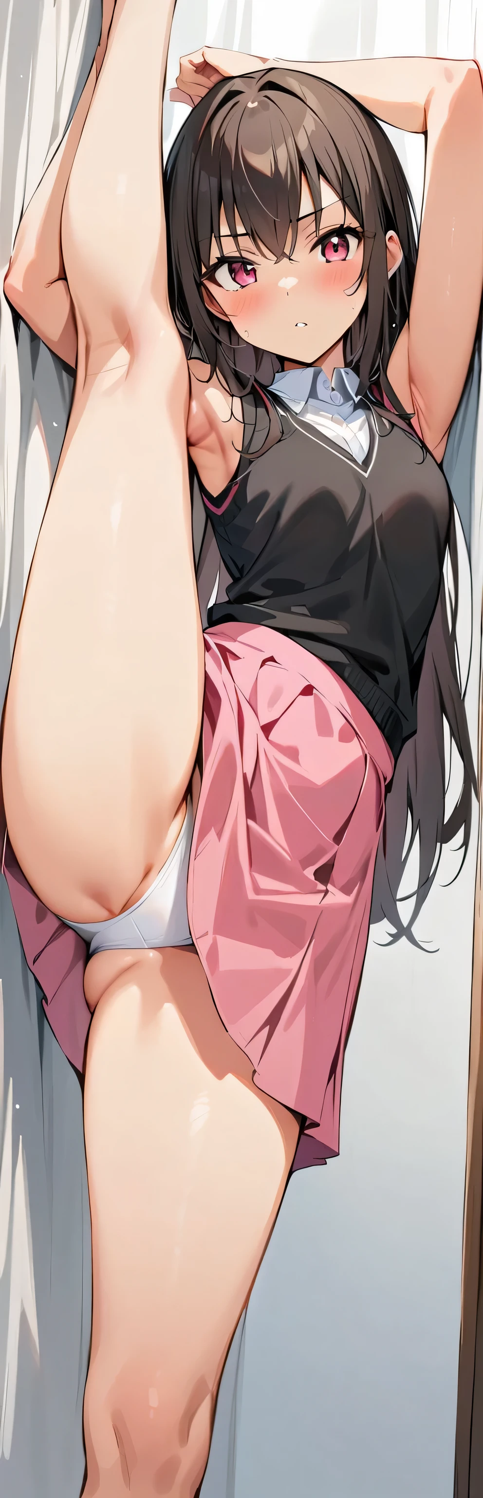 (masterpiece, best quality:1.2), 1girl, solo,standing_split,
Yuuki Mikan, long hair,black sleeveless short vest,pink skirt,black