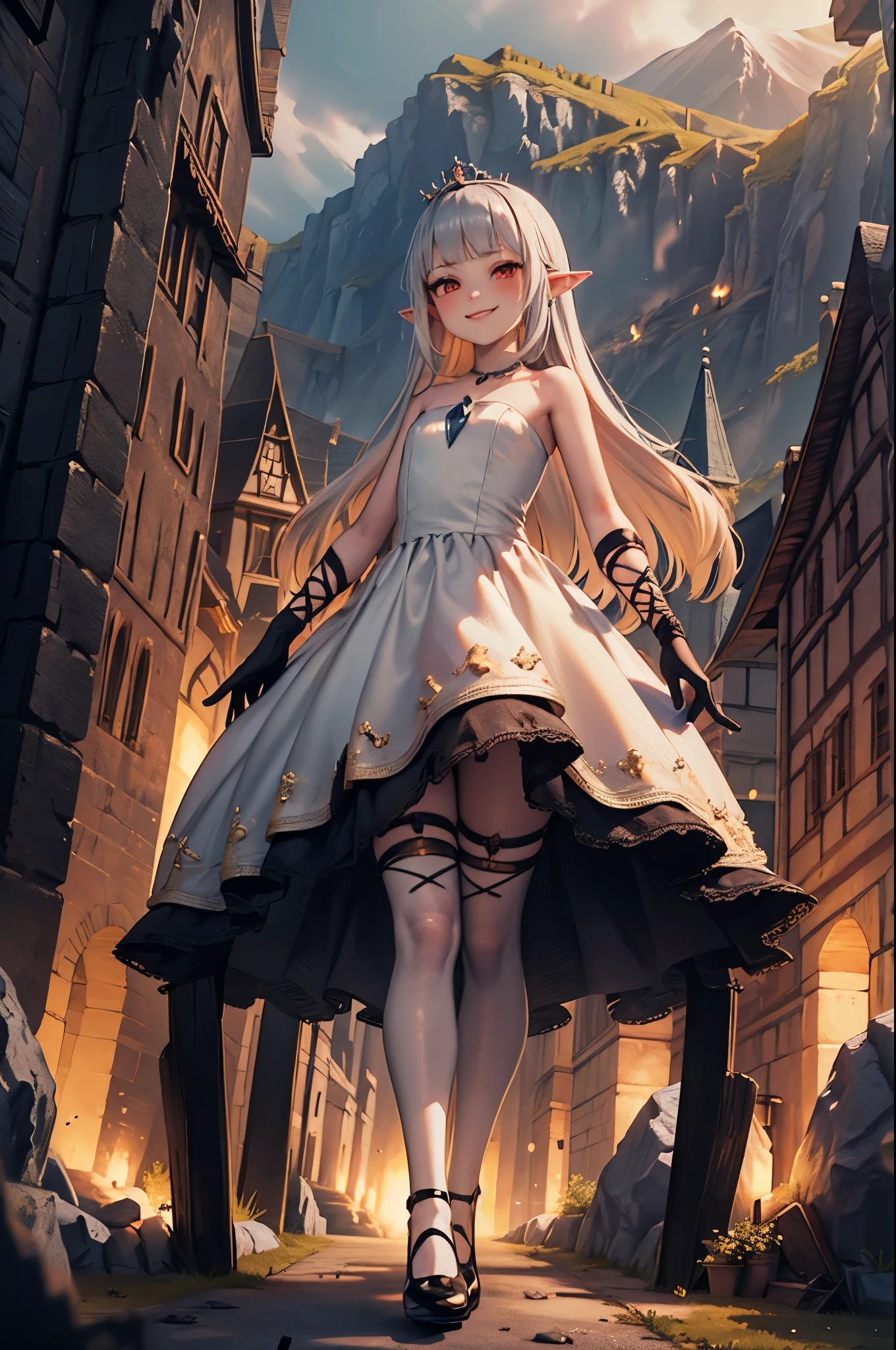 landscape, (miniature castles that have been shrunken:1), small mountains, small trees, small buildings, ocean, towering 1girl, (giant evil princess:1), villain, strolling on top of a gigantic kingdom made of miniature buildings, full body, energy drain, white hair, gradient hair, pointy ears, pendant, strapless dress, white dress, fairy wings, arm wrap, black gloves, leg wrap, black footwear, flat chest, mean smug smile, very thin, skinny legs, confident, arrogant, sexy stockings, tiara, glowing red eyes, makeup, blush, eye shadow, rings, pearls, necklaces, flawless shiny silver hair, black heels, (love spell:1), flying hearts, looking at viewer, from below, solo,