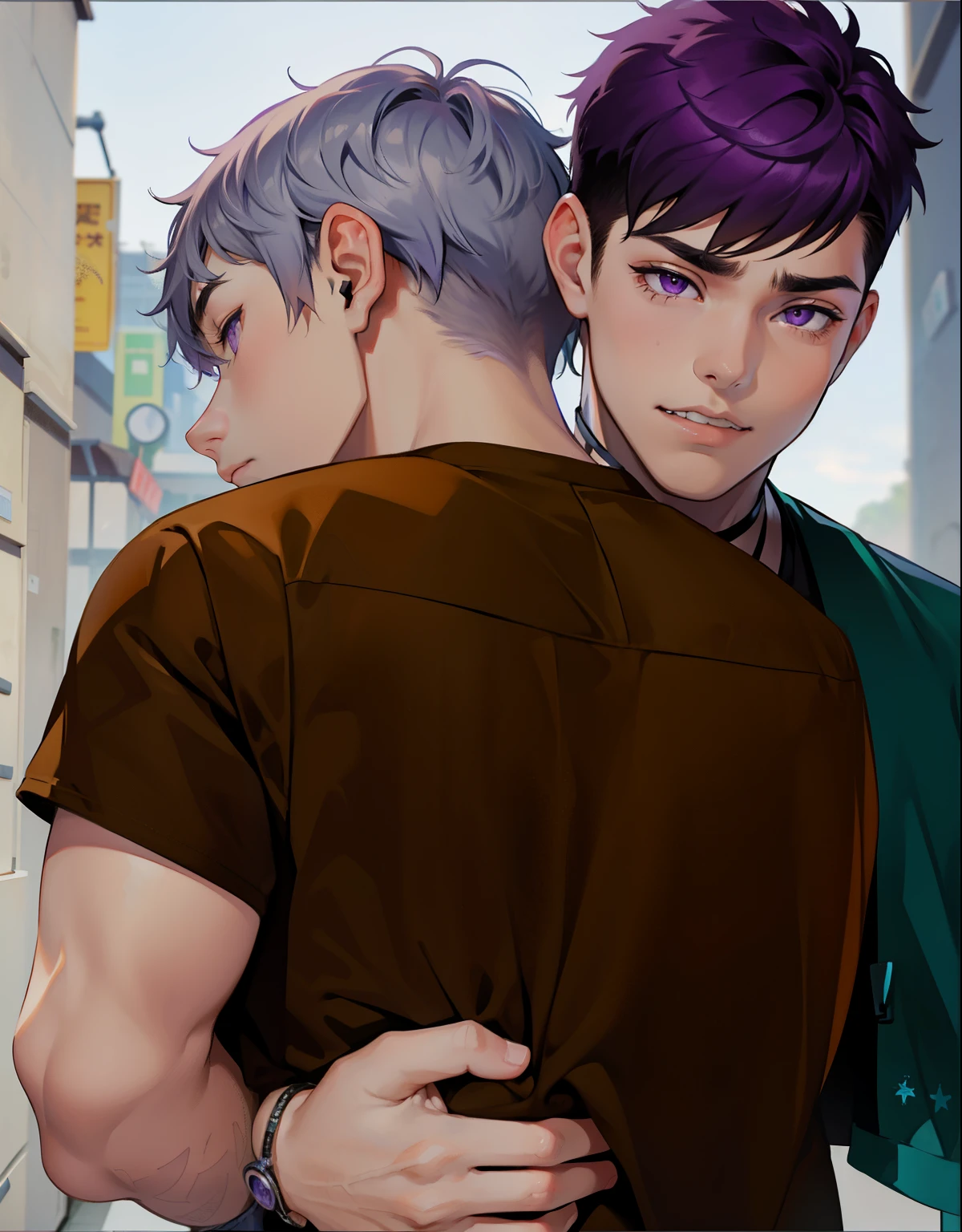 There are two cute 16 year old boys with big violet eyes and they are sad.