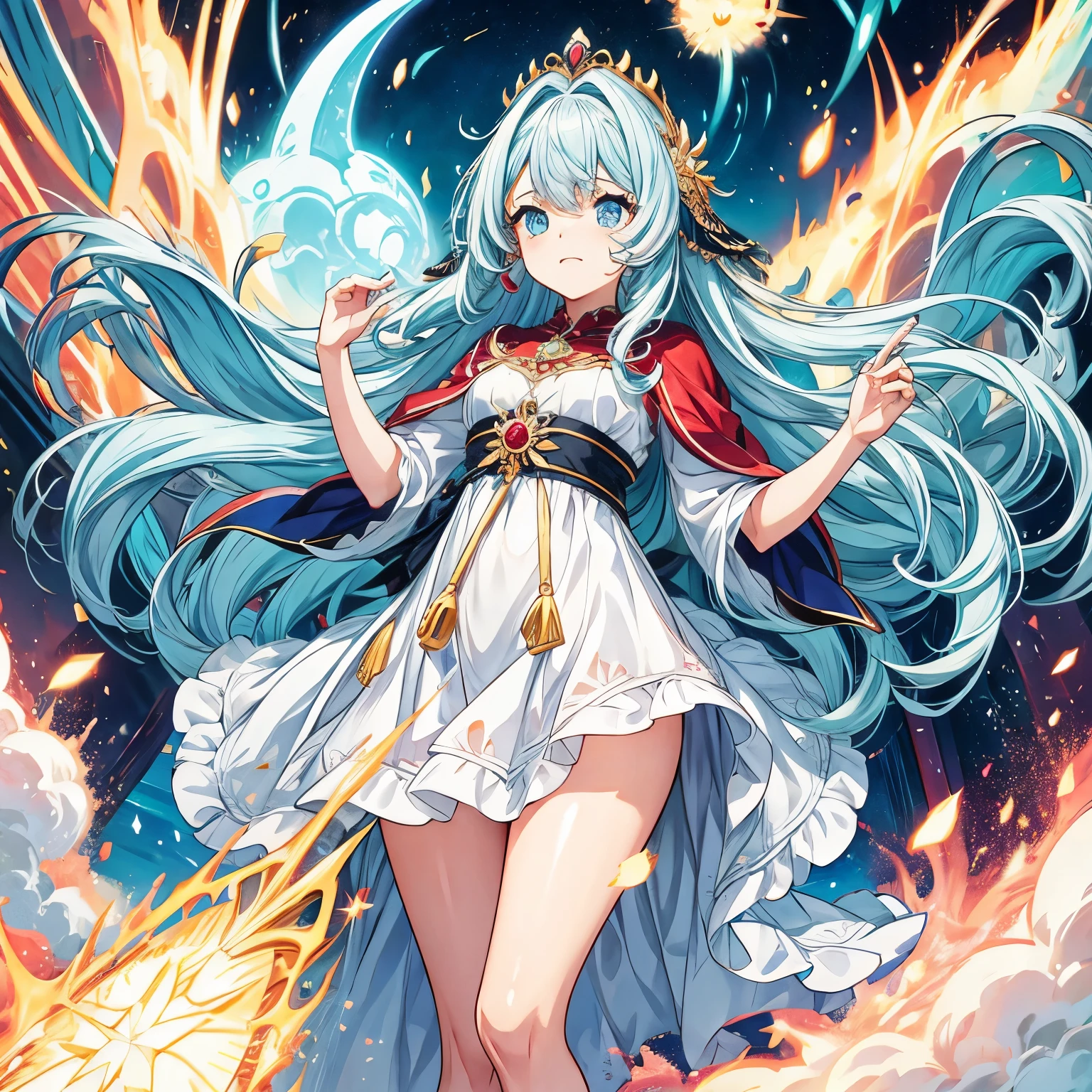 Uma rainha desenhada estilo anime com uma grande coroa, cabelos longos no tom vermelho cereja profundo e olhos azuis escuro
