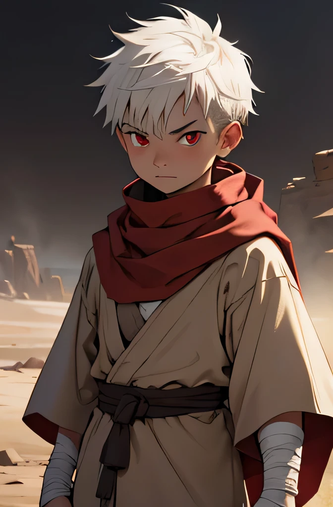 beste-Qualit, tmasterpiece, extra high resolution, Detailed, realisti, solo, Dark Fantasy, Depth of field, person, in a desert robe, gaara inspired, warrior, dressed as a desert wanderer, (white hair), (young boy), (kid), (red eyes), oversized Clothes graffite gray with beige, (in a earthy tone scarf:1,5), bandages on forearms, skinny build