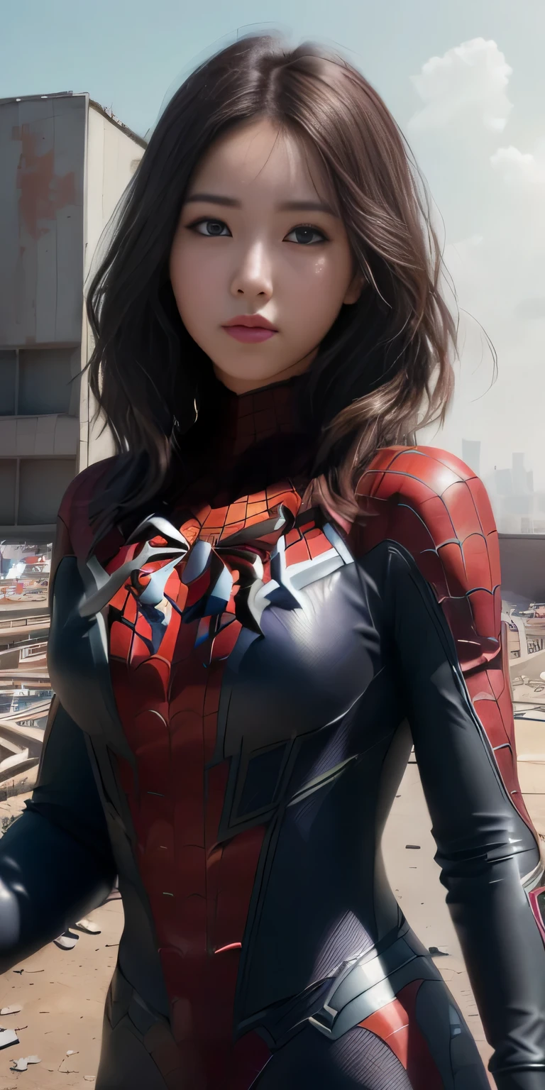 (1 girl:1.3), alone, (((highly detailed face))),(((highly detailed eyes and face))),beautiful detailed eyes,body parts__, official art, Integrated 8K wallpaper, Super detailed, beautiful and aesthetic, beautiful, masterpiece, 最high quality, born, masterpiece, super detailed photos, 最high quality, ultra high resolution, photorealism, sunlight, full body portrait, amazing beauty,, dynamic pose, delicate face, Born with sharp eyes, (from the front), she&#39;s wearing a spiderman suit, red and black color scheme, Spider, Highly detailed abandoned warehouse background, detailed face, Detailed complex and busy background, Messy, nice, milky, highly detailed skin, realistic skin details, visible pores, sharp focus, volumetric fog, 8k uh, Digital single-lens reflex camera, high quality, film grain, Fair skin, photorealism, lomography, Huge metropolis of futuristic dystopia, seen from below, translucent