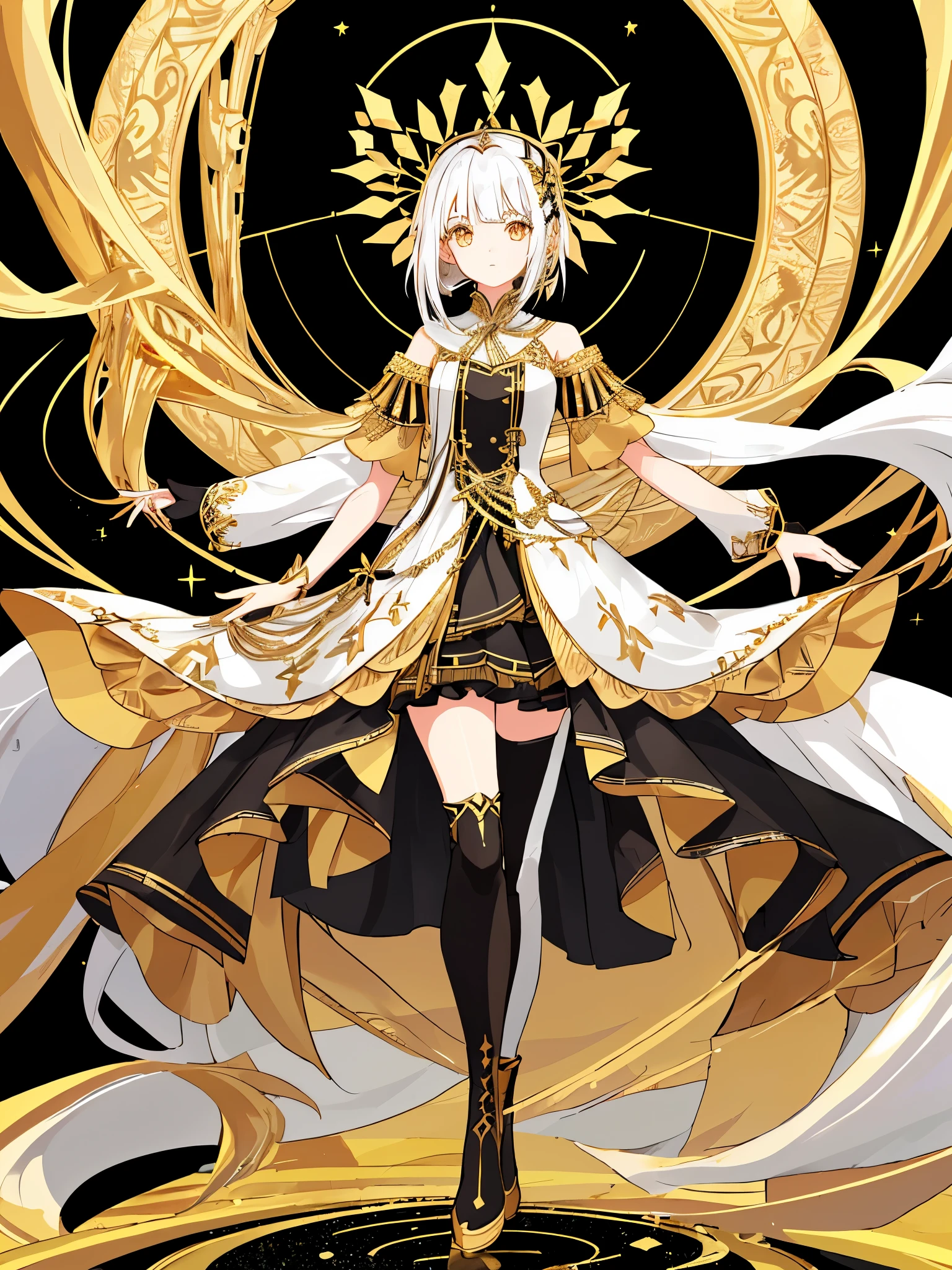 ((a girl)), full body, white hair, gold eyes, ((black highlighted hair)), ((idol costume)), long boots, ((high quality)), Tunisian style costume