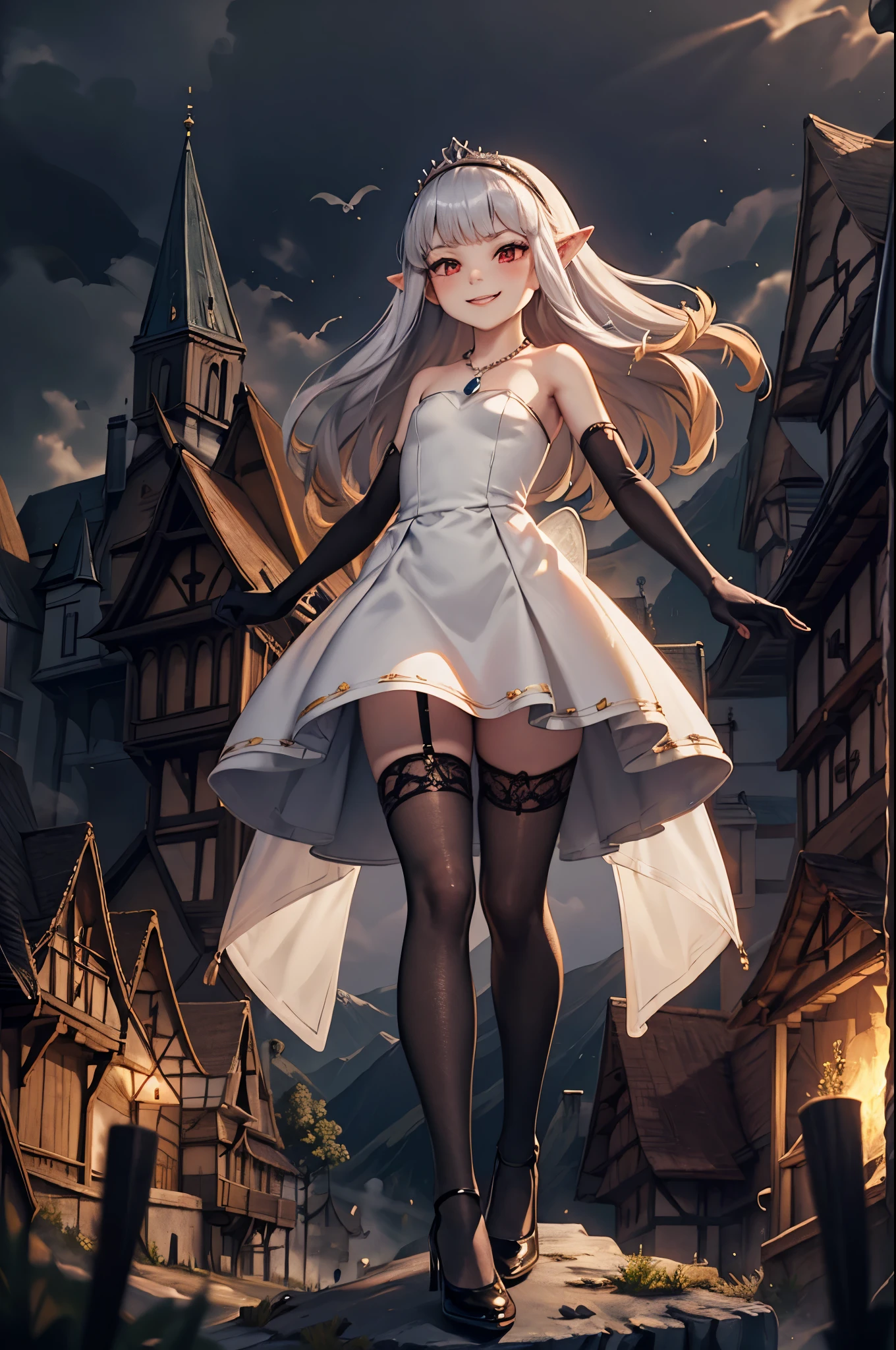 doll-size landscape, miniature castles, small mountains, small trees, small buildings, ocean, towering 1girl, (giant evil princess:1), villain, strolling on top of a gigantic kingdom made of miniature buildings, full body, energy drain, white hair, gradient hair, pointy ears, glowing pendant, strapless dress, white dress, fairy wings, arm wrap, black gloves, leg wrap, black footwear, flat chest, mean smug smile, very thin, skinny legs, confident, arrogant, sexy stockings, tiara, glowing red eyes, makeup, blush, eye shadow, rings, pearls, necklaces, flawless shiny silver hair, black heels, (love spell:1), flying hearts, looking at viewer, from below, solo,