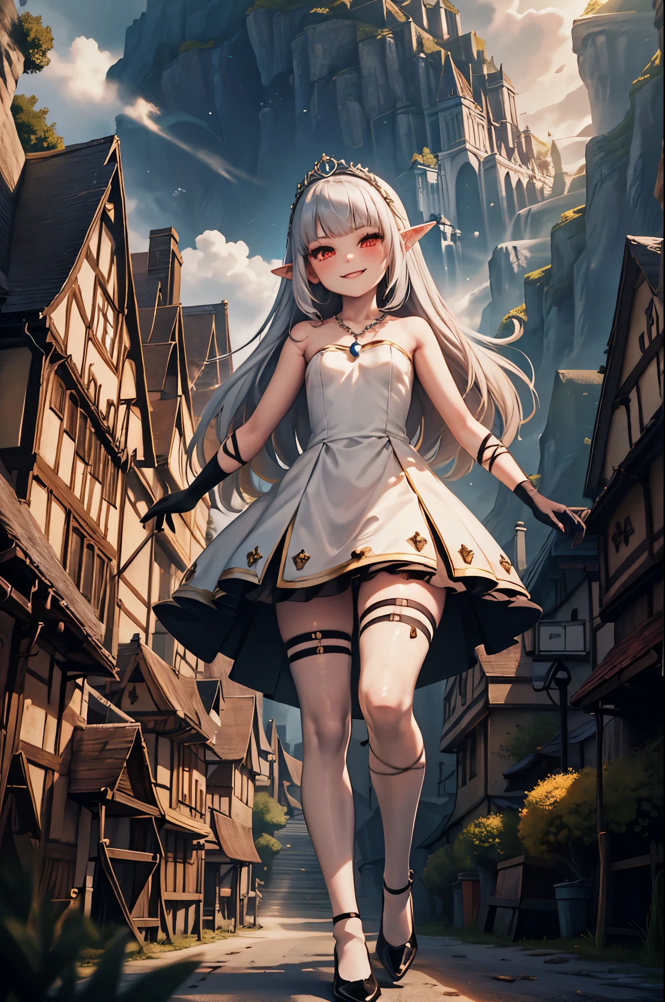 doll-size landscape, miniature castles, small mountains, small trees, small buildings, ocean, towering 1girl, (giant evil princess:1), villain, strolling on top of a gigantic kingdom made of miniature buildings, full body, energy drain, white hair, gradient hair, pointy ears, glowing pendant, strapless dress, white dress, fairy wings, arm wrap, black gloves, leg wrap, black footwear, flat chest, mean smug smile, very thin, skinny legs, confident, arrogant, sexy stockings, tiara, glowing red eyes, makeup, blush, eye shadow, rings, pearls, necklaces, flawless shiny silver hair, black heels, (love spell:1), flying hearts, looking at viewer, from below, solo,