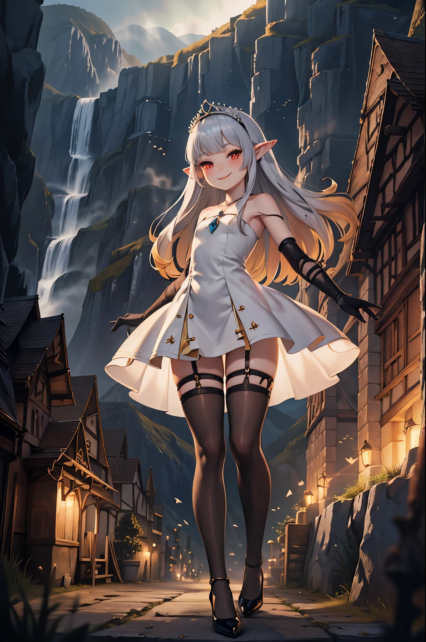 doll-size landscape, miniature castles, small mountains, small trees, small buildings, ocean, towering 1girl, (giant evil princess:1), villain, strolling on top of a gigantic kingdom made of miniature buildings, full body, energy drain, white hair, gradient hair, pointy ears, glowing pendant, strapless dress, white dress, fairy wings, arm wrap, black gloves, leg wrap, black footwear, flat chest, mean smug smile, very thin, skinny legs, confident, arrogant, sexy stockings, tiara, glowing red eyes, makeup, blush, eye shadow, rings, pearls, necklaces, flawless shiny silver hair, black heels, (love spell:1), flying hearts, looking at viewer, from below, solo,