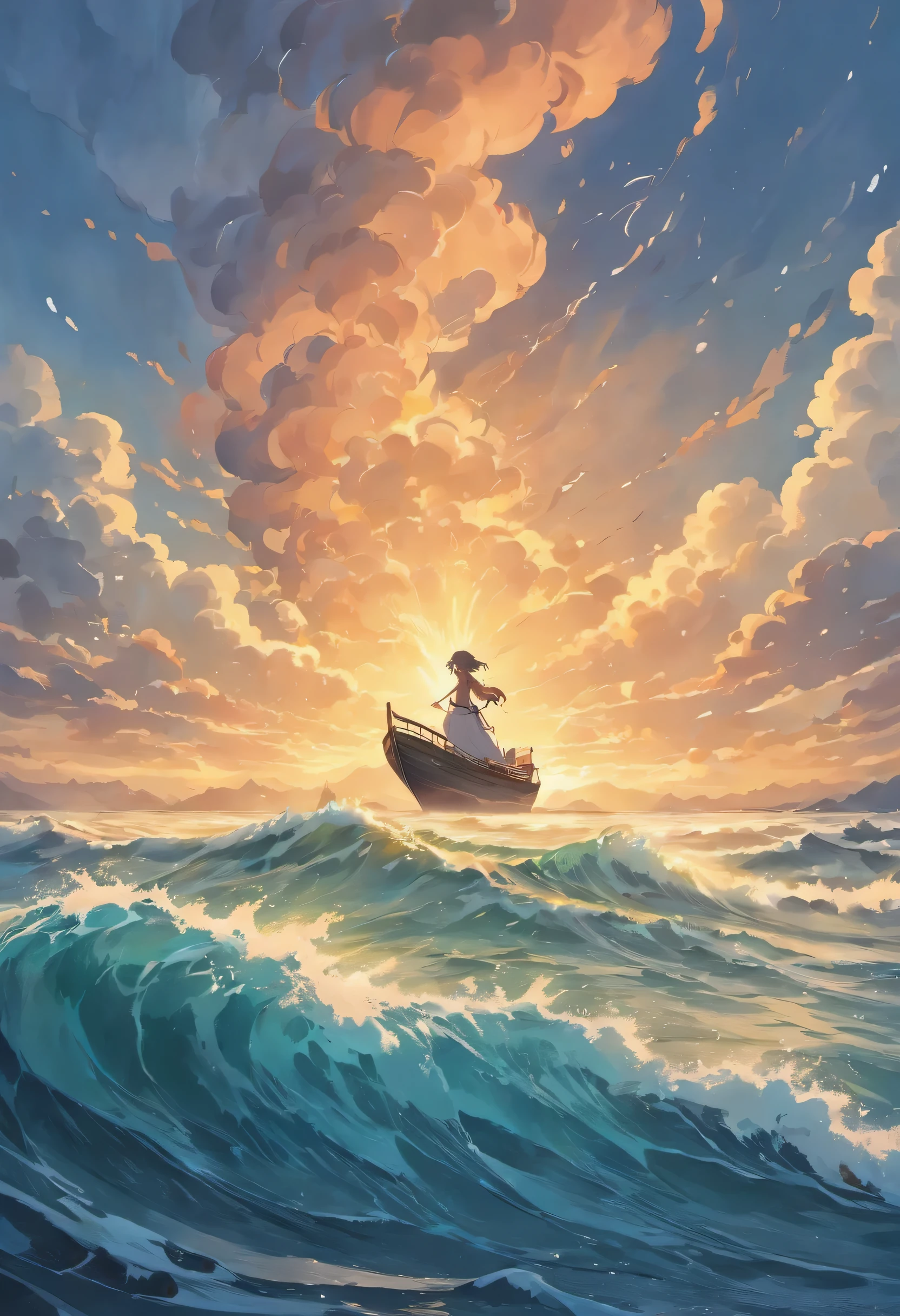 (Melhor qualidade,4K,8k,A high resolution,obra de arte:1.2),ultra-detalhado,(realista,Fotorrealista,fotorrealista:1.37),deus do oceano,navios,atacando,water splashes,sereia,gaivotas,Um farol ao longe,sunset glow,Paleta de cores verde esmeralda,majestoso,mythical,A storm is brewing,dramatic lighting,ondas quebrando,ripples in the water,decote atraente,Deep sea water,vazante,Vento,Threatening clouds,magnificent,barco de pesca,Breathtaking,jacuzzi,Mar de bolhas,Dangerous water currents,misterioso,escamas cintilantes,mythological creatures,O rugido estrondoso do oceano,Secrets hidden beneath the surface,inspirador