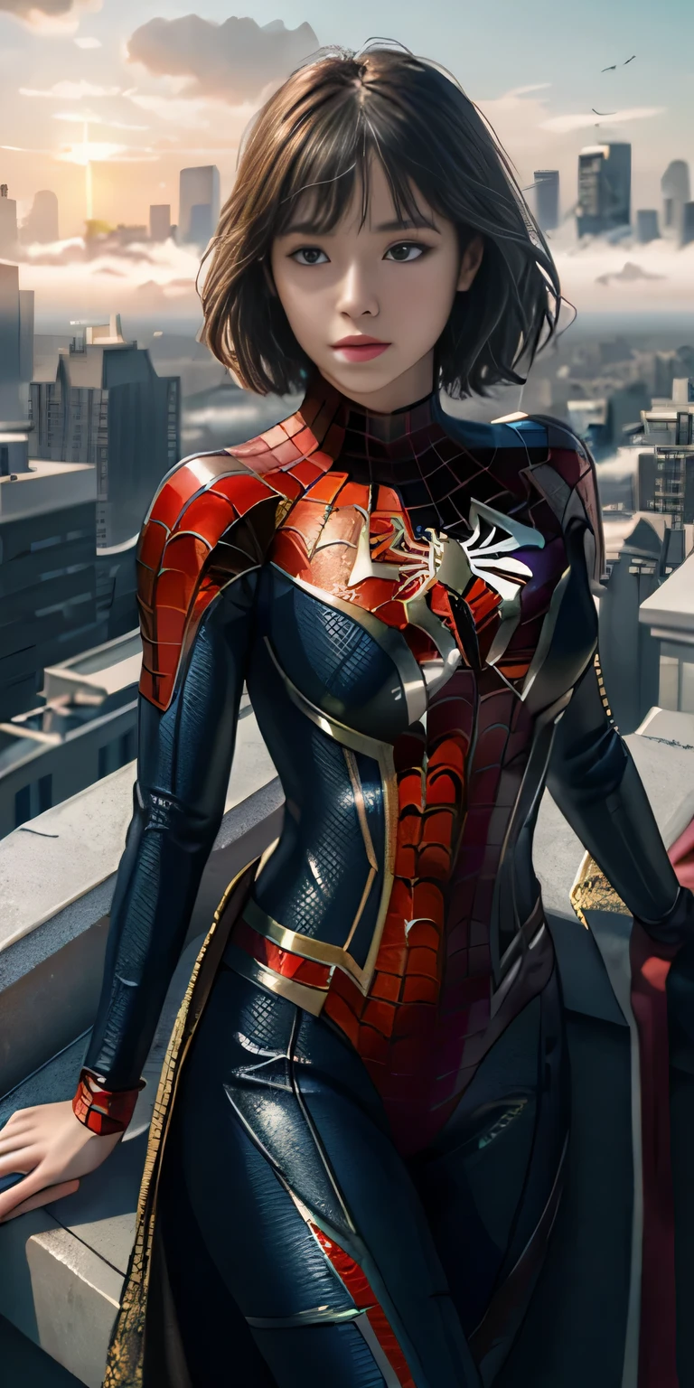 (1 girl:1.3), alone, (((Very detailed face)))), ((very detailed eyes and face)))), Beautiful eyes in every detail, body parts__, official art, Integrated 8K wallpaper, Super detailed, beautiful and beautiful, beautiful, masterpiece, 最high quality, original, masterpiece, super detailed photos, 最high quality, ultra high resolution, realistic realism, sunlight, full body portrait, amazing beauty, dynamic pose, delicate face, lively eyes, (from the front), she's wearing a spiderman suit, red and black color scheme, Spider, Highly detailed city roof background, rooftop, overlook the city, detailed face, Detailed complex and busy background, Messy, nice, milky, highly detailed skin, realistic skin details, visible pores, clear focus, volumetric fog, 8k uh, Digital single-lens reflex camera, high quality, film grain, Fair skin, photorealism, lomography, Futuristic dystopian megalopolis, translucent, eyes looking at camera, big , short hair