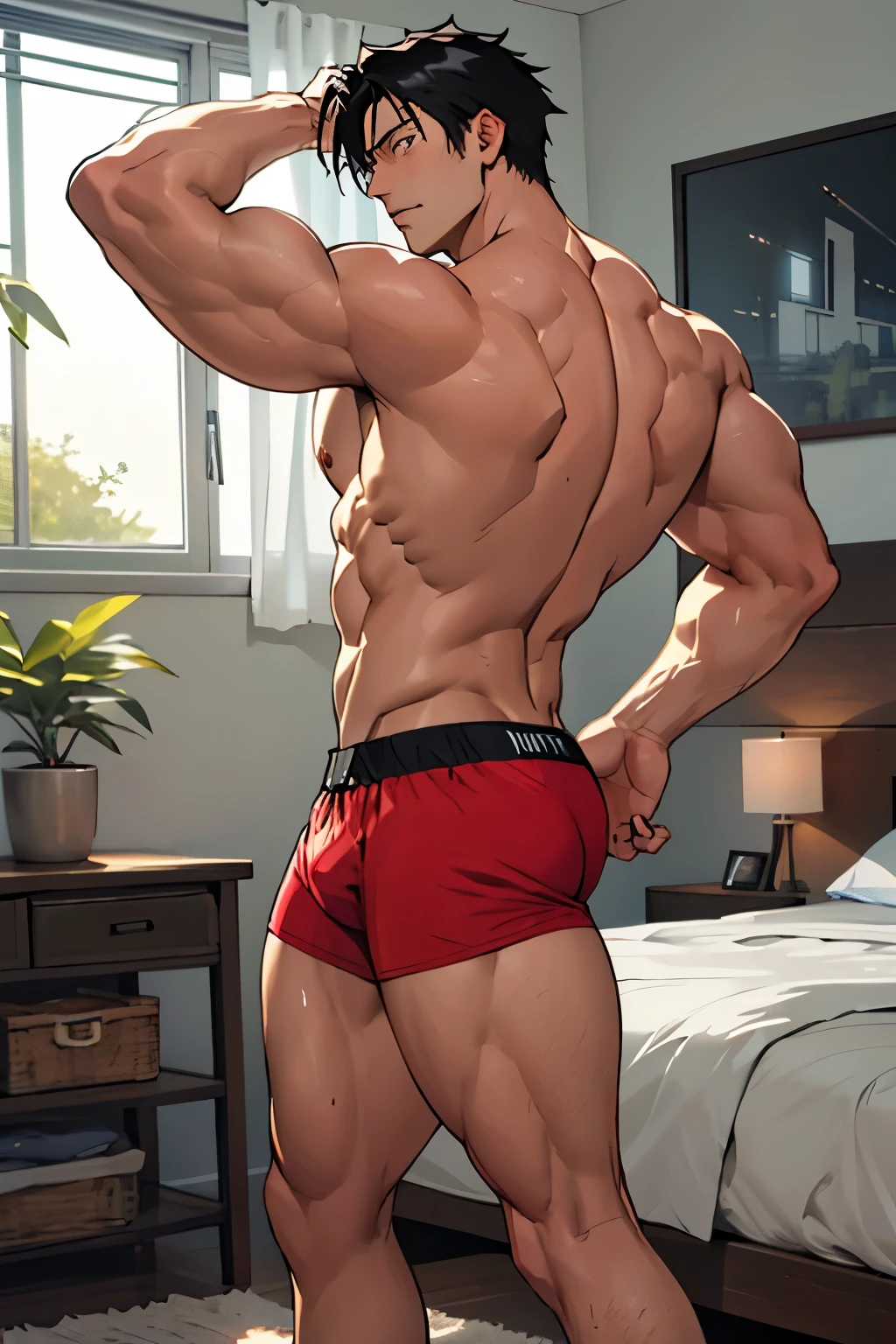 Roy Mustang from Full Metal Alchemist, posing backwards, bedroom, wearing tight swimwear showing the leg muscles, bodybuilder, with oiled skin, handsome, big legs, defined body, topless, shirtless, abs
