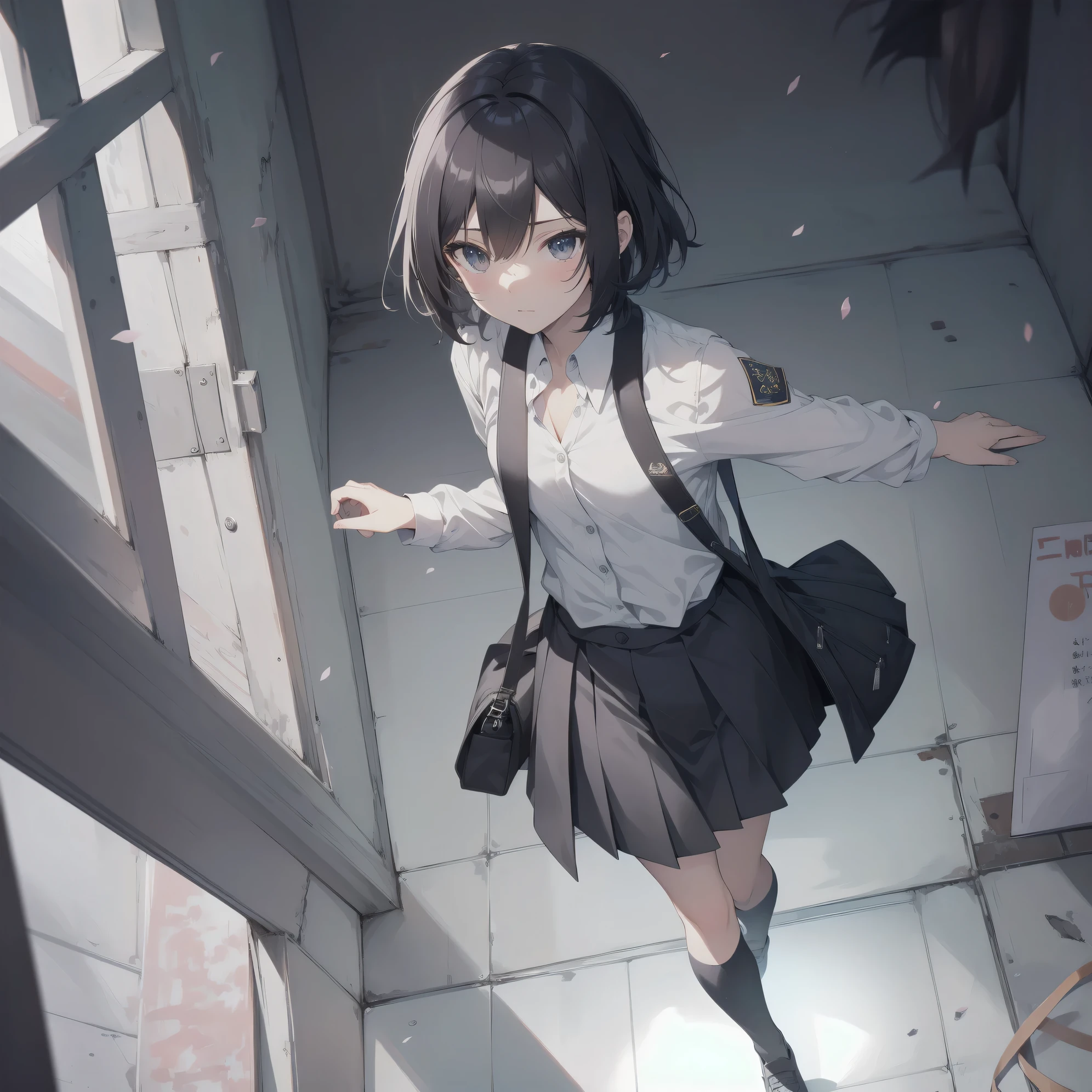 Anime girl in a school uniform standing in a room with a window - SeaArt AI