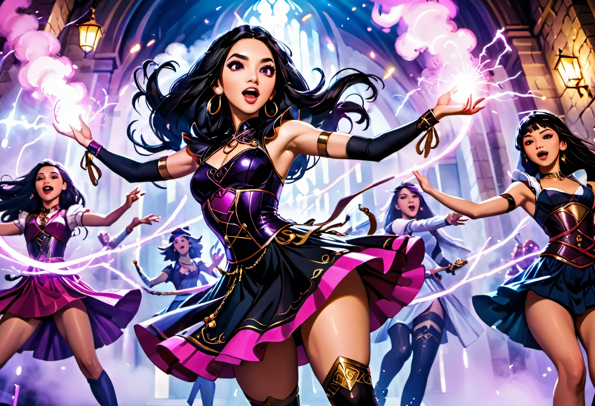 (best quality, 4k, highres, masterpiece:1.2), ultra-detailed, realistic:1.37, HDR, vivid colors, studio lighting, physically-based rendering, professional, bokeh, portraits, Kpop band Black Pink, Dungeons and Dragons adventurers, rock musical, evil wizard, castle stronghold, performing, costume, defeat, performing in costume, long black hair, glamorous makeup, stylish outfits, energetic dance moves, dynamic stage, powerful music, intense battle scene, magical spells, glowing swords, epic backdrop, smoke and special effects, dramatic lighting, confident expressions, stage presence, harmonious choreography, enthusiastic crowd, enchanted atmosphere, dynamic poses, intricate accessories, high-energy performance, mystical aura, adrenaline-fueled show, extraordinary talent, mind-blowing vocals, captivating dance routines, mesmerizing stage effects, thrilling climax.