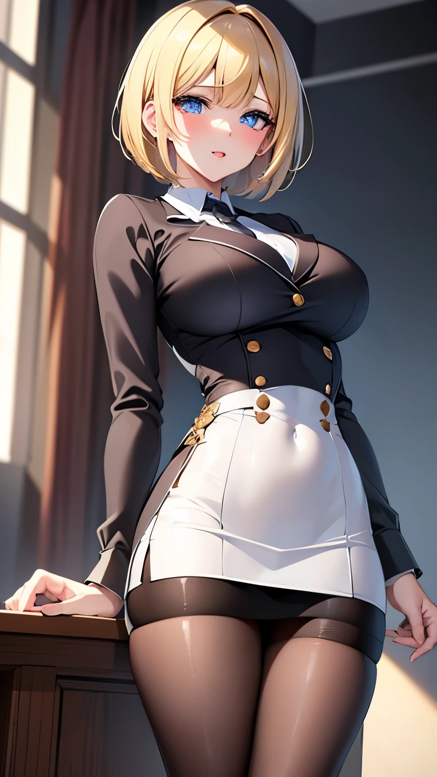 from few below, best quality, super fine, 16k, incredibly absurdres, extremely detailed, sharp and beautiful woman, excited look, blonde long bob cut with blunt bangs, big round eyes, sexy lips, wearing khaki high school uniform with a blazer and miniskirt, black pantyhose, superlative body proportion, background school classroom, sunshine, fantastic and mysterious image